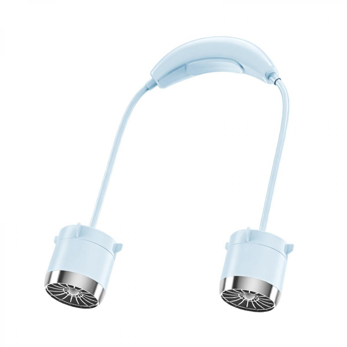 Ein blauer Nackenventilator mit zwei Lüfterköpfen und silbernen Gittern.