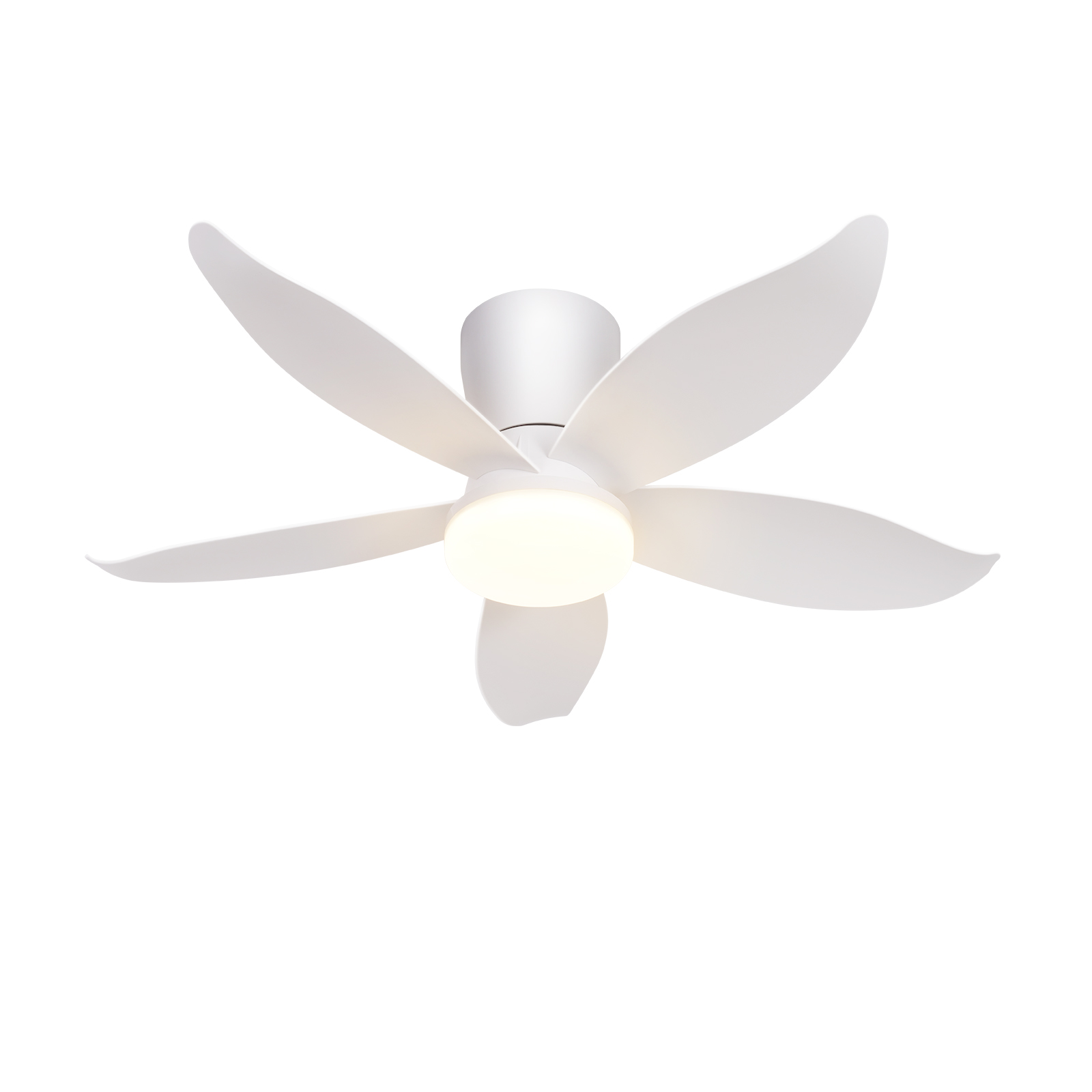 Ein weißer Deckenventilator mit fünf geschwungenen Flügeln und einer runden LED-Leuchte.