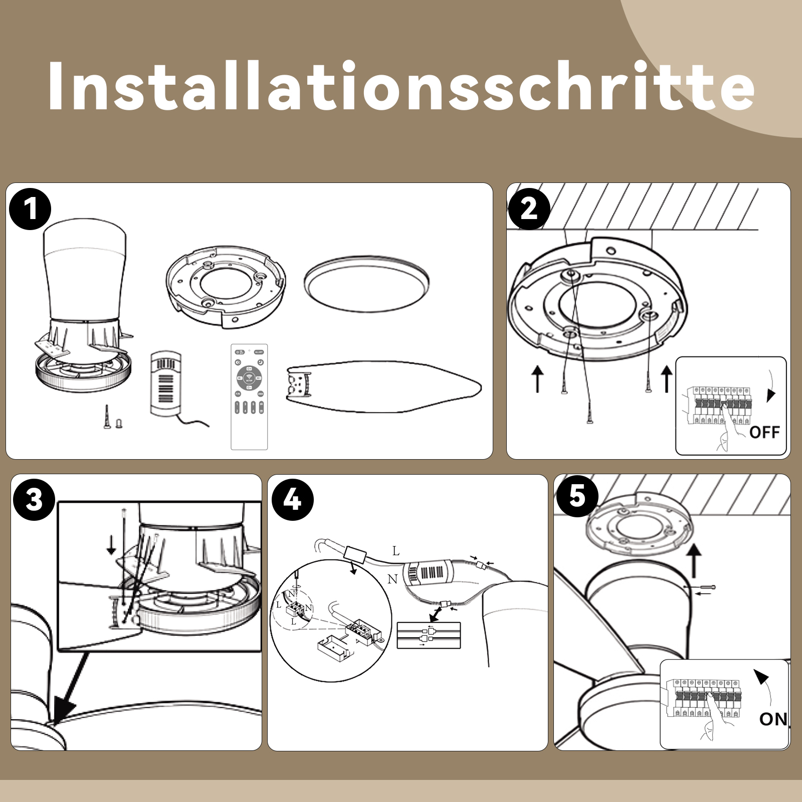 Installationsschritte für eine Lampe mit Fernbedienung und Verdrahtung.