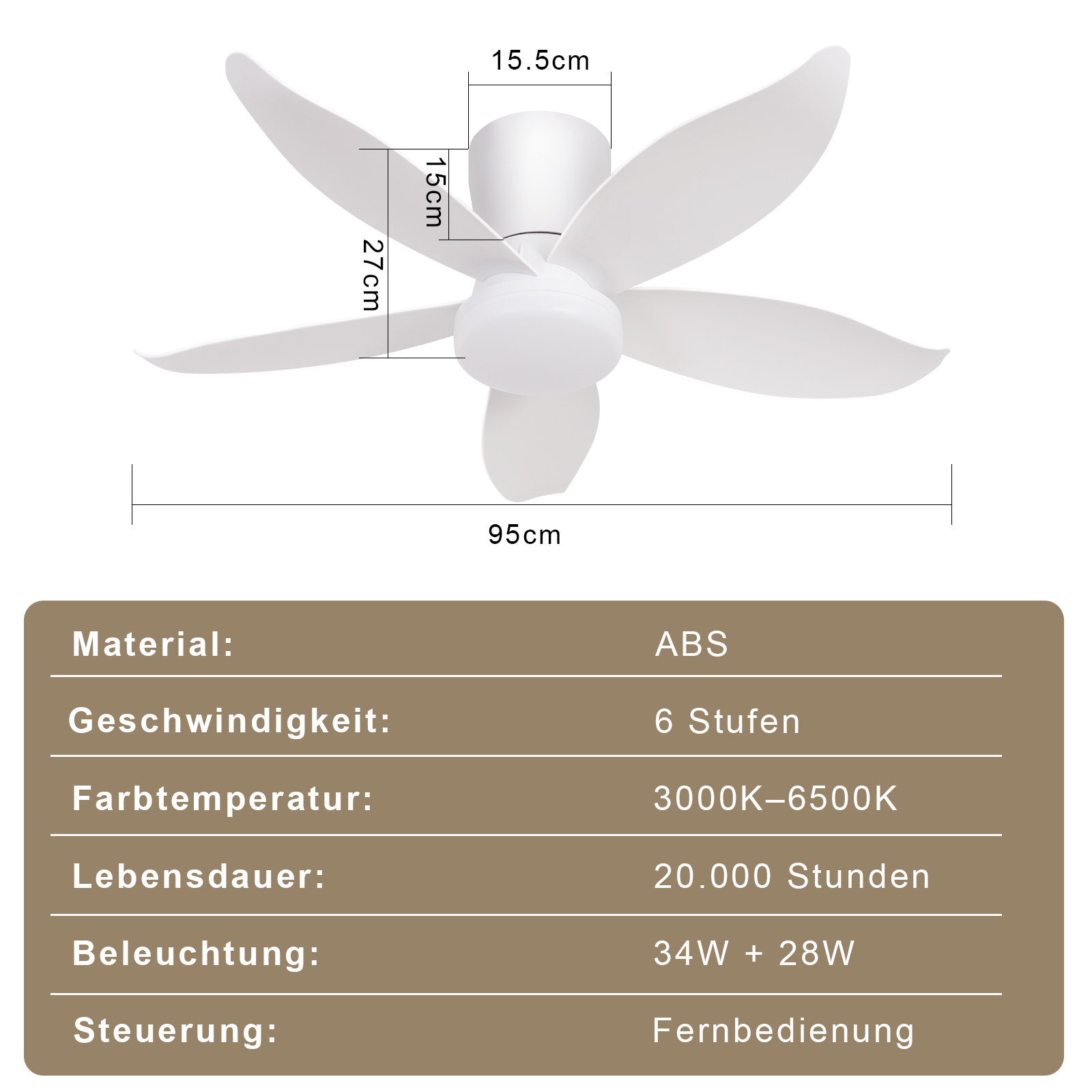 Weiße Deckenventilator mit Licht und Fernbedienung, 95cm Breite.