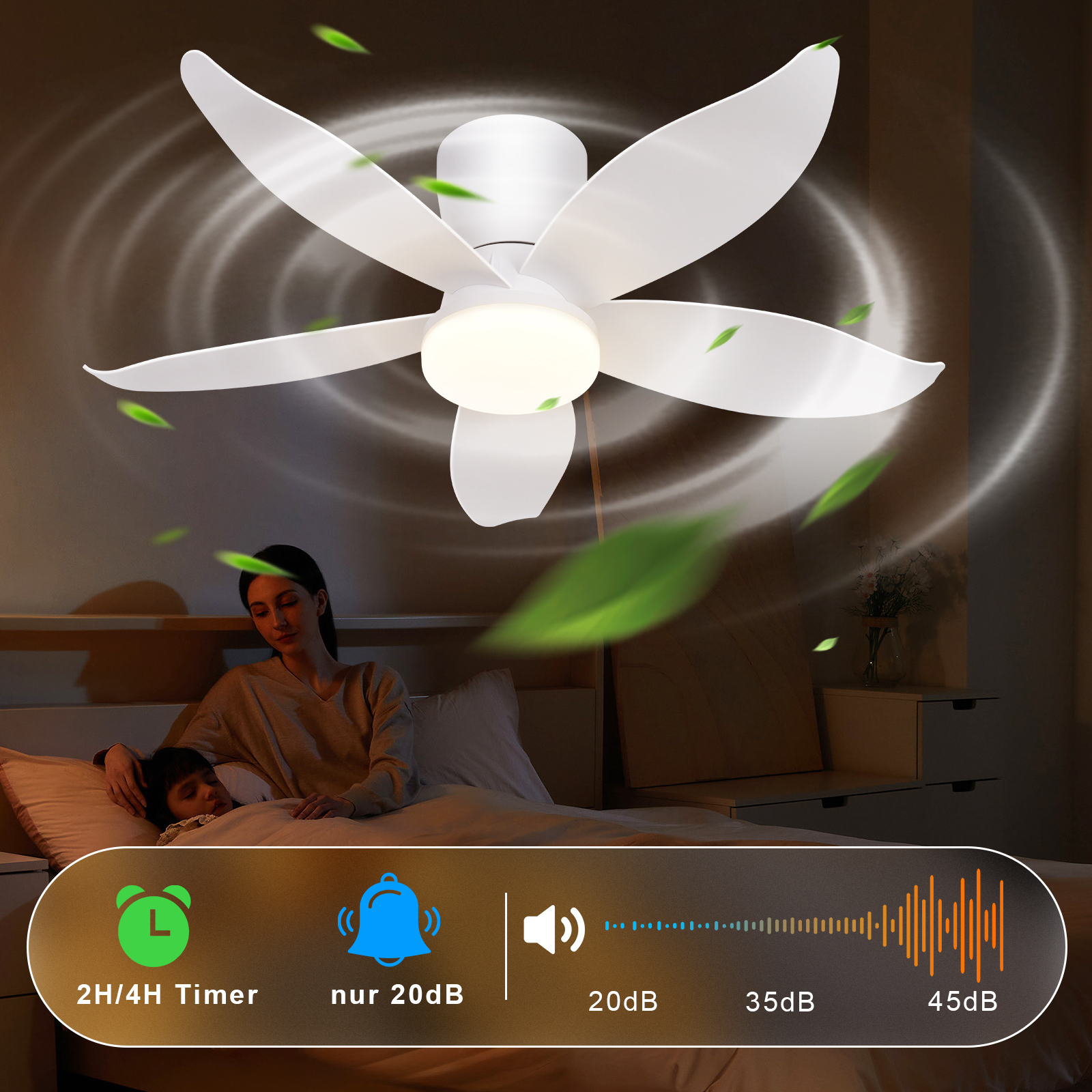 Weiße Deckenventilator mit Licht über einem Bett, auf dem eine Frau und ein Kind schlafen.