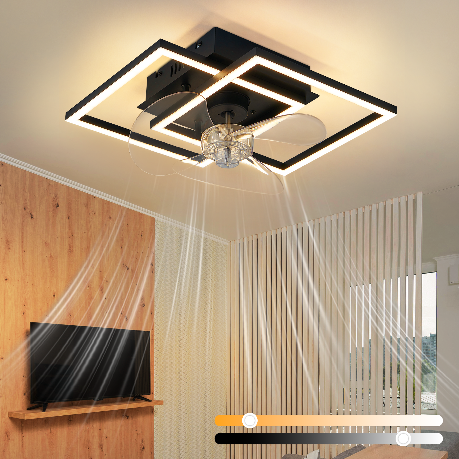 Nowoczesna lampa sufitowa z wentylatorem i zintegrowanym oświetleniem LED.