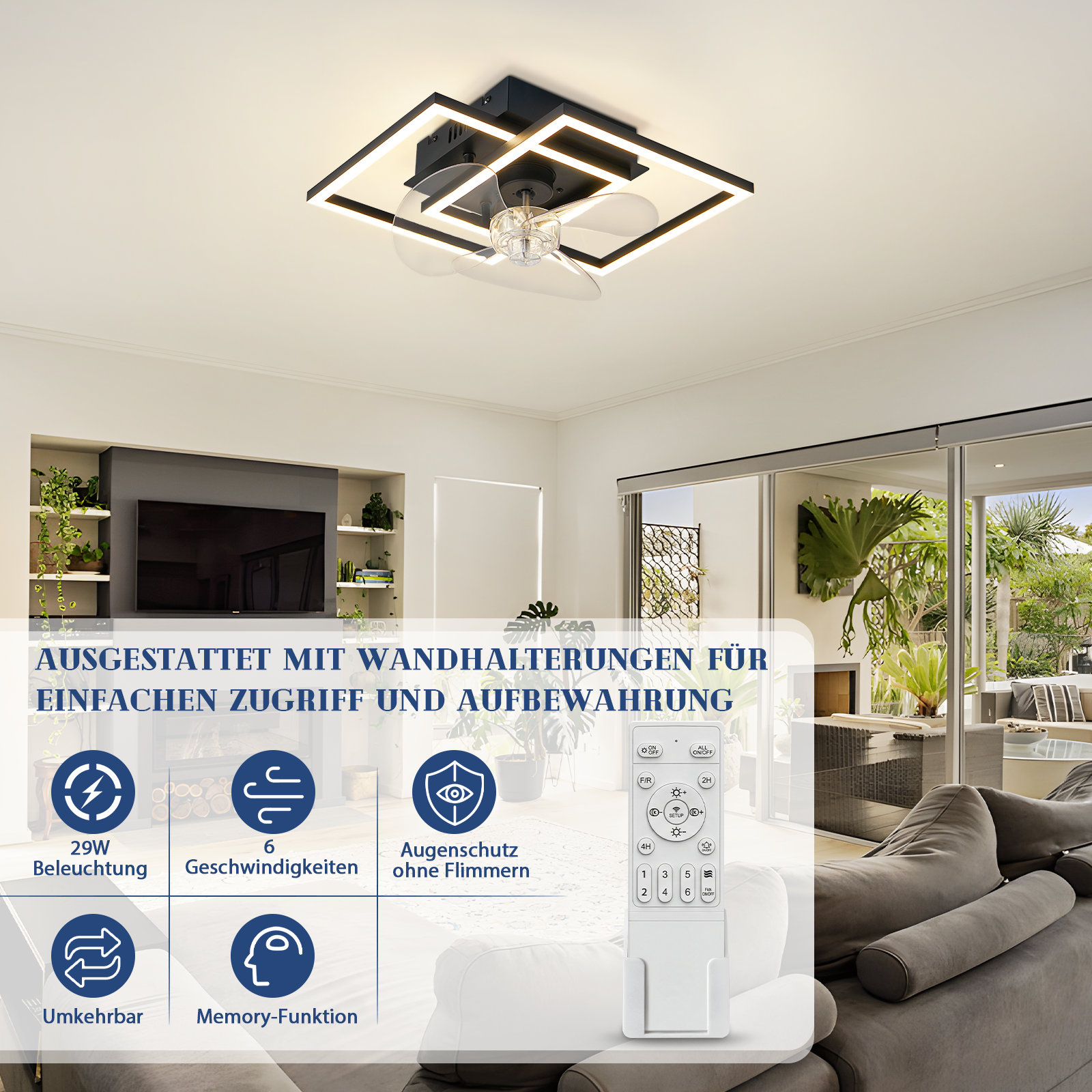 Lampa sufitowa z wentylatorem i pilotem. Funkcje: 29W, 6 prędkości, ochrona oczu.