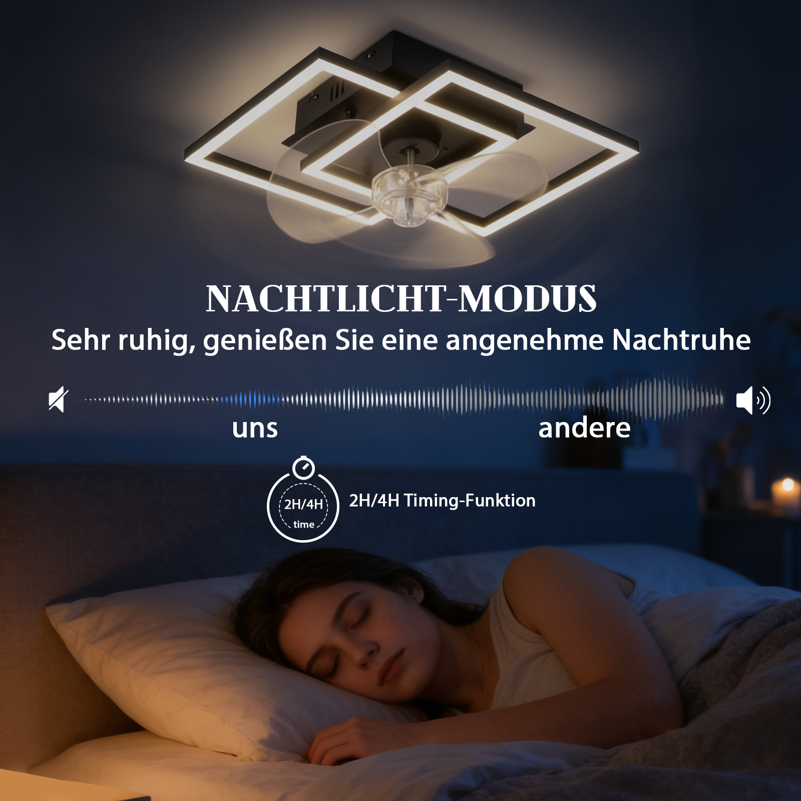 Lampa sufitowa z wentylatorem w trybie nocnym nad śpiącą osobą.