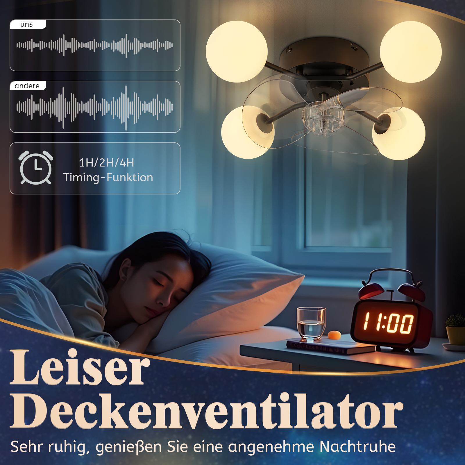 Kobieta śpi, widoczny jest wentylator sufitowy z oświetleniem i budzik.