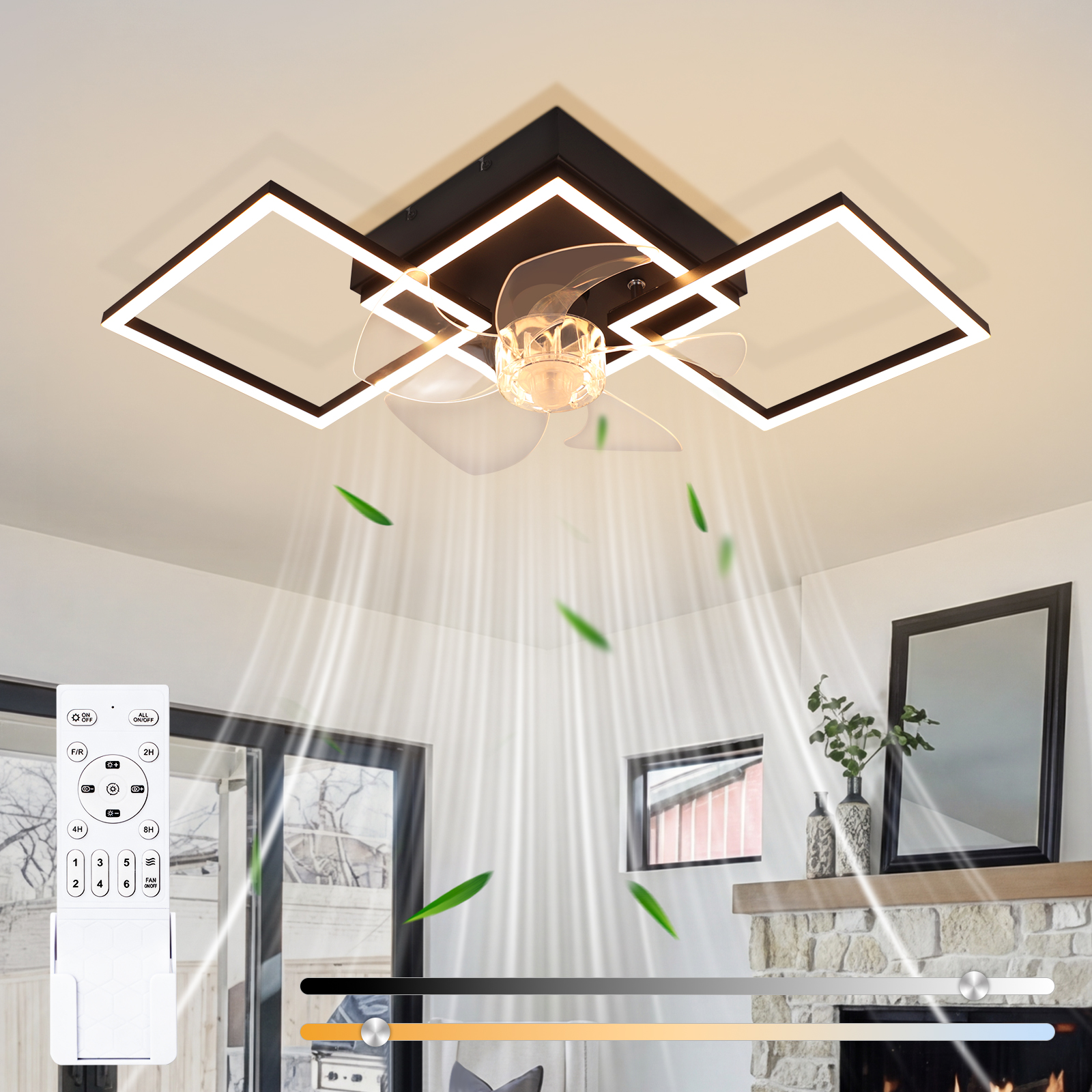 Lampa sufitowa z wentylatorem i ramką LED, obok pilot.
