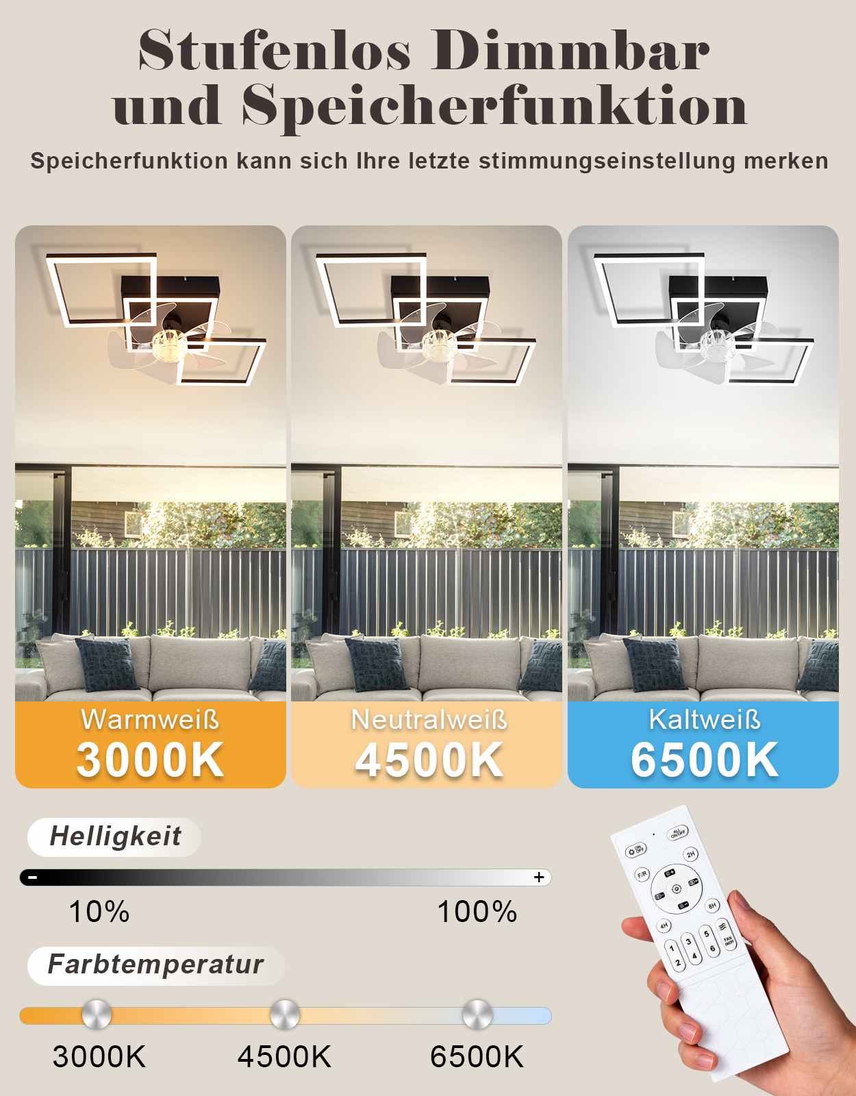 Lampa sufitowa z wentylatorem w 3 kolorach światła: ciepły biały, neutralny, zimny.
