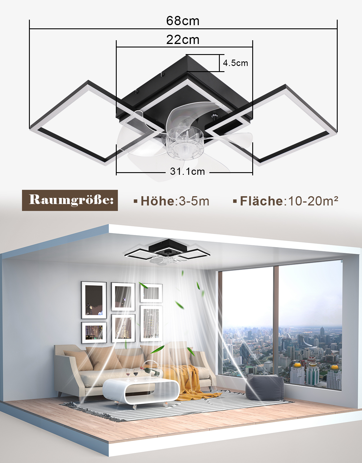 Nowoczesna lampa sufitowa z wentylatorem, wymiary 68x22x4.5cm, dla pomieszczeń 3-5m wysokości, 10-20m² powierzchni.