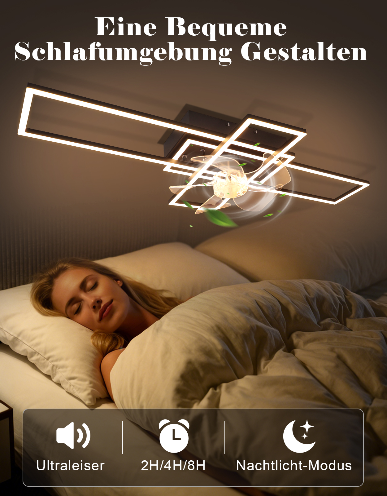 Kobieta śpi w łóżku pod nowoczesną lampą sufitową z wentylatorem.