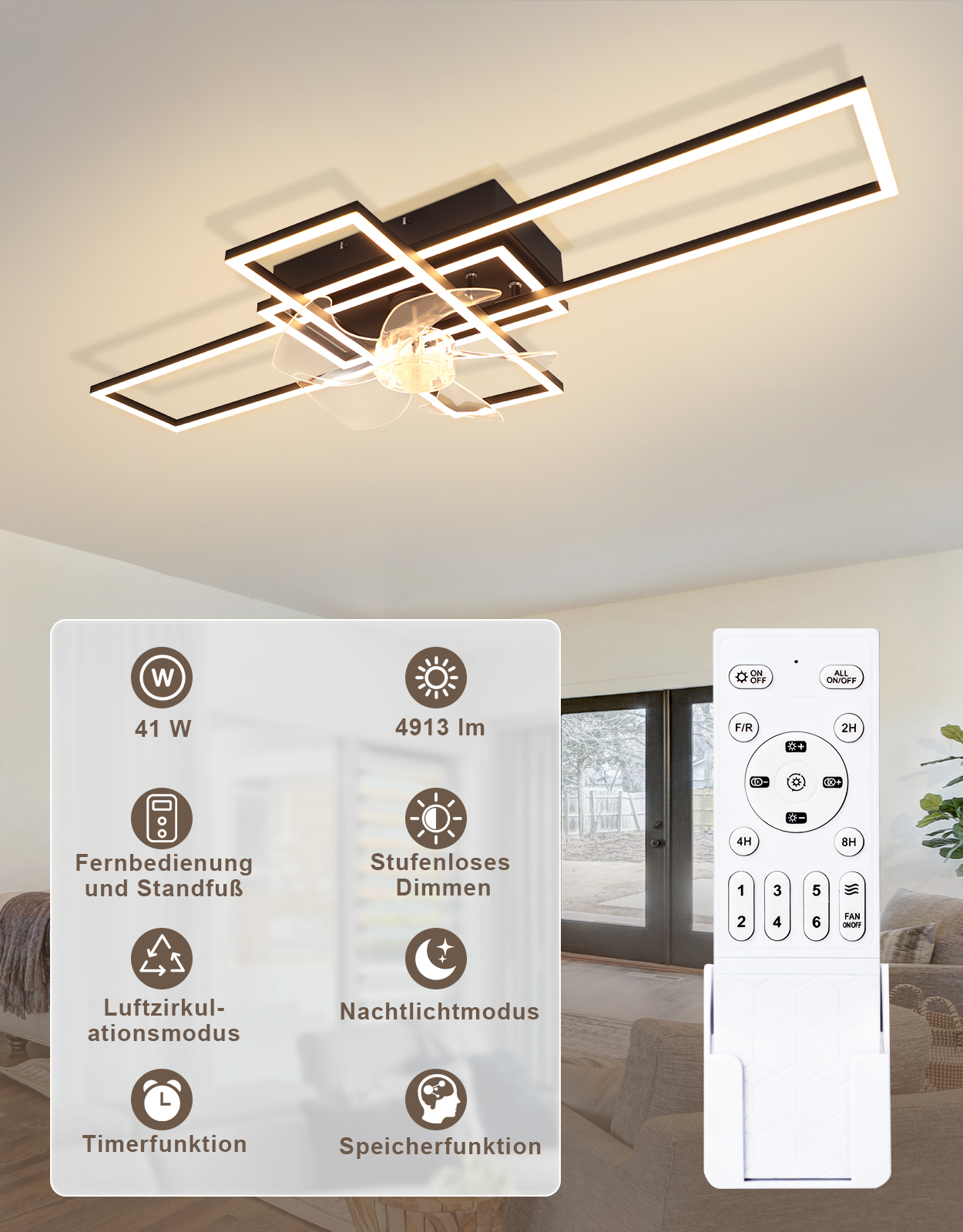 Nowoczesna lampa sufitowa z wentylatorem i pilotem, 41W, 4913lm.