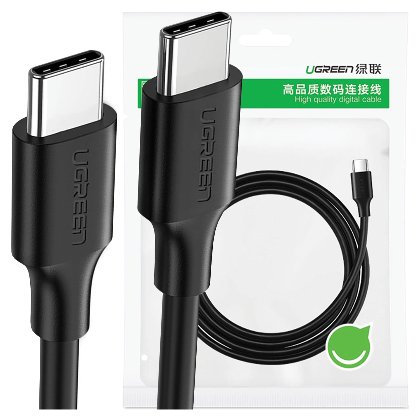 Czarny kabel USB-C z logo UGREEN, zapakowany.