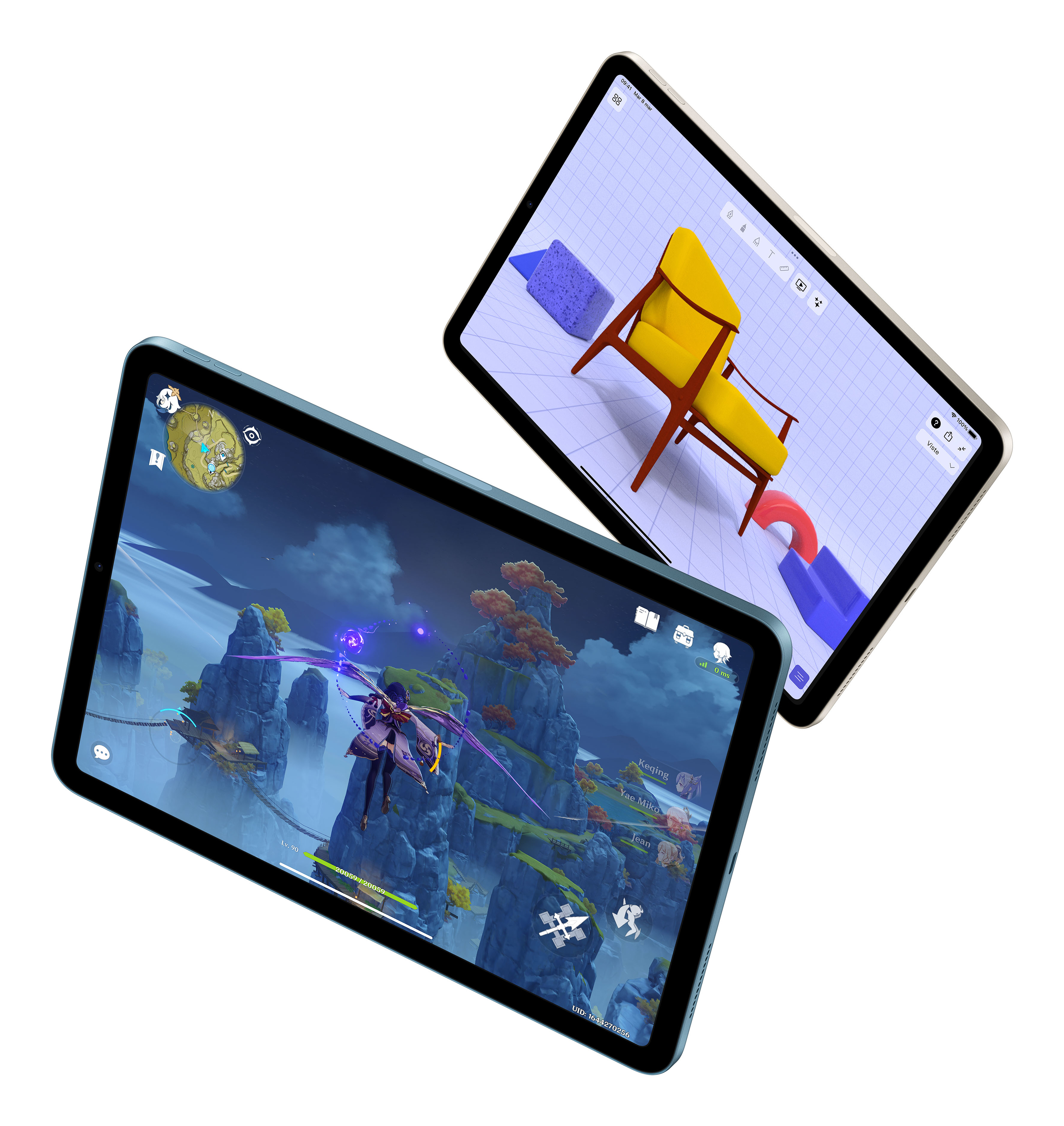 Twee iPads: de ene toont een spel, de andere 3D-modellen met een stoel.