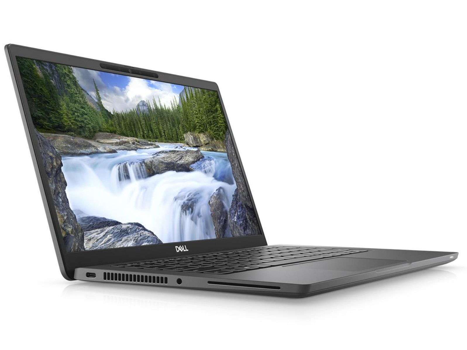 Ein offener grauer Dell Laptop mit einem Wasserfall-Bildschirmhintergrund.