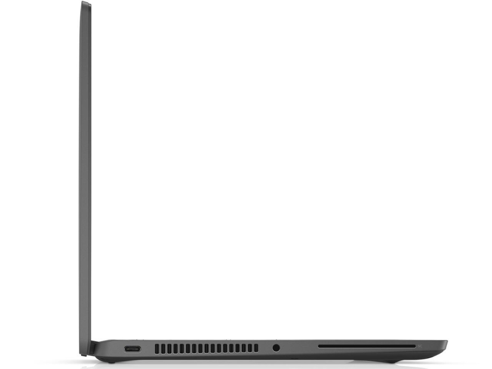 Grauer Laptop von der Seite, mit Anschlüssen an der Unterseite.