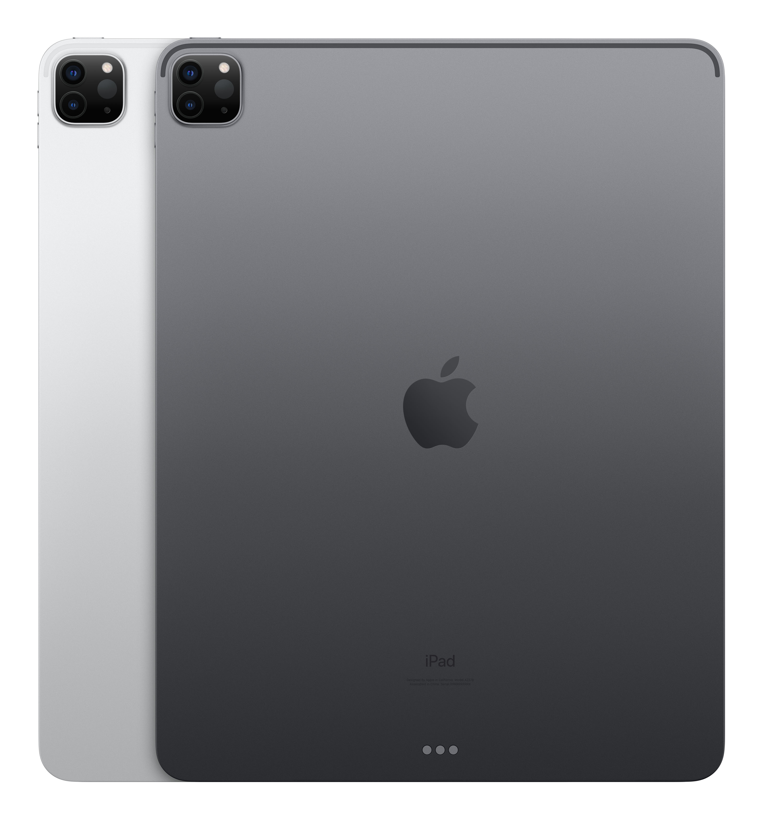 Zwei iPads, eines silber, eines grau. Rückseite mit Kameras und Logo.