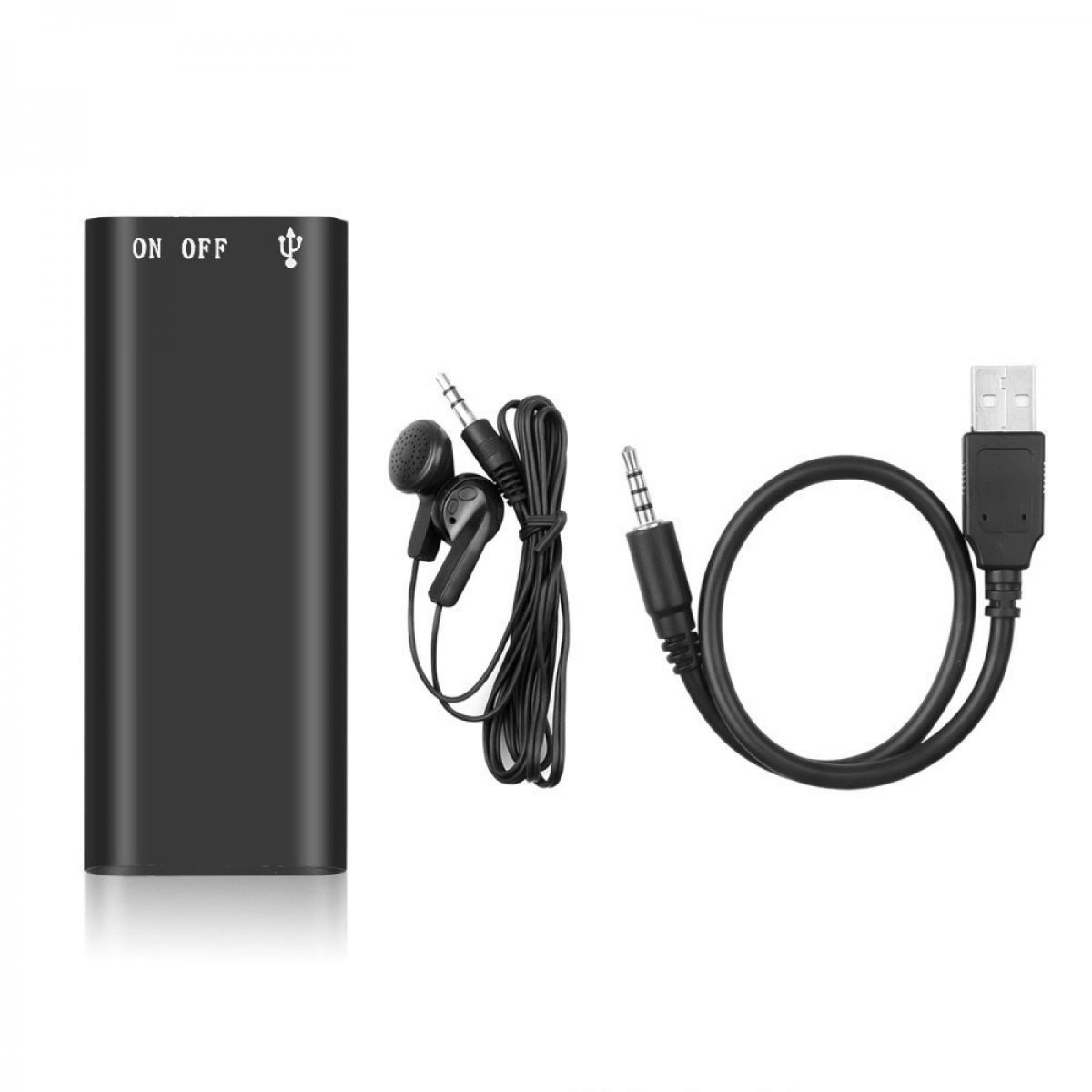 Schwarzer Recorder mit Kopfhörern, 3,5-mm-Klinkenstecker und USB-Kabel.