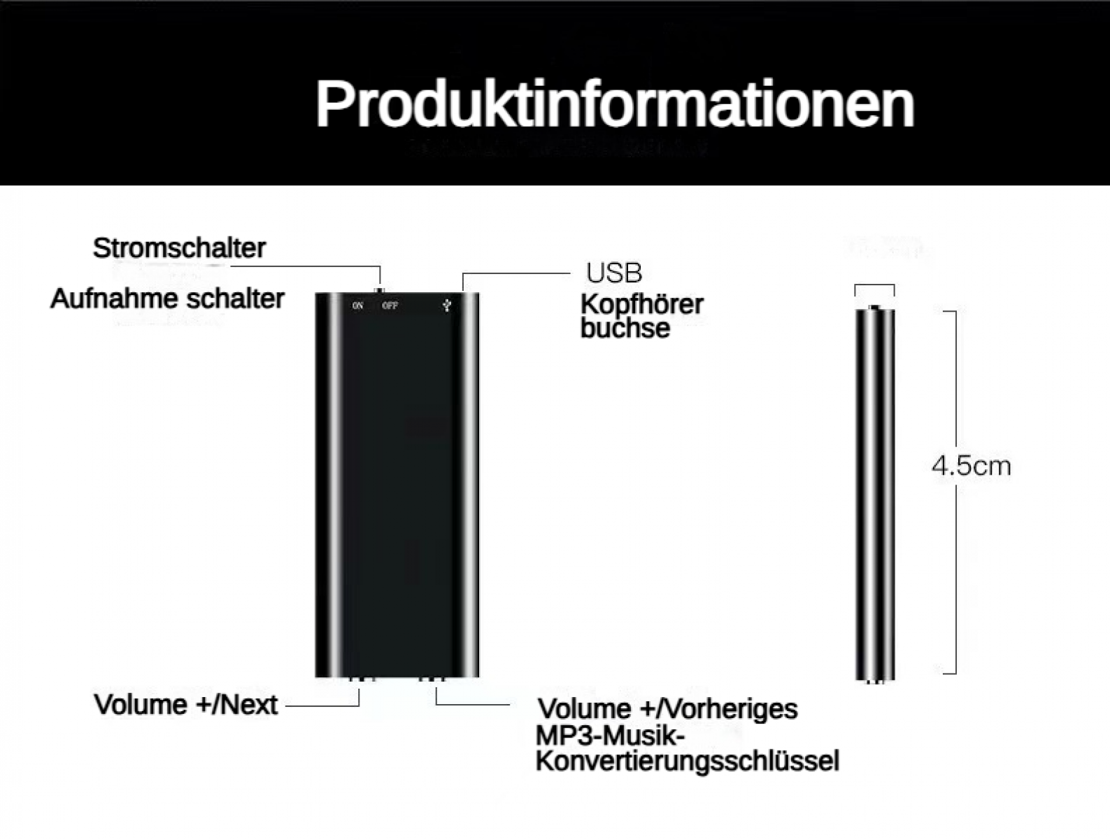 Schwarz, längliches Gerät mit Beschriftungen für Schalter, USB/Kopfhöreranschluss.