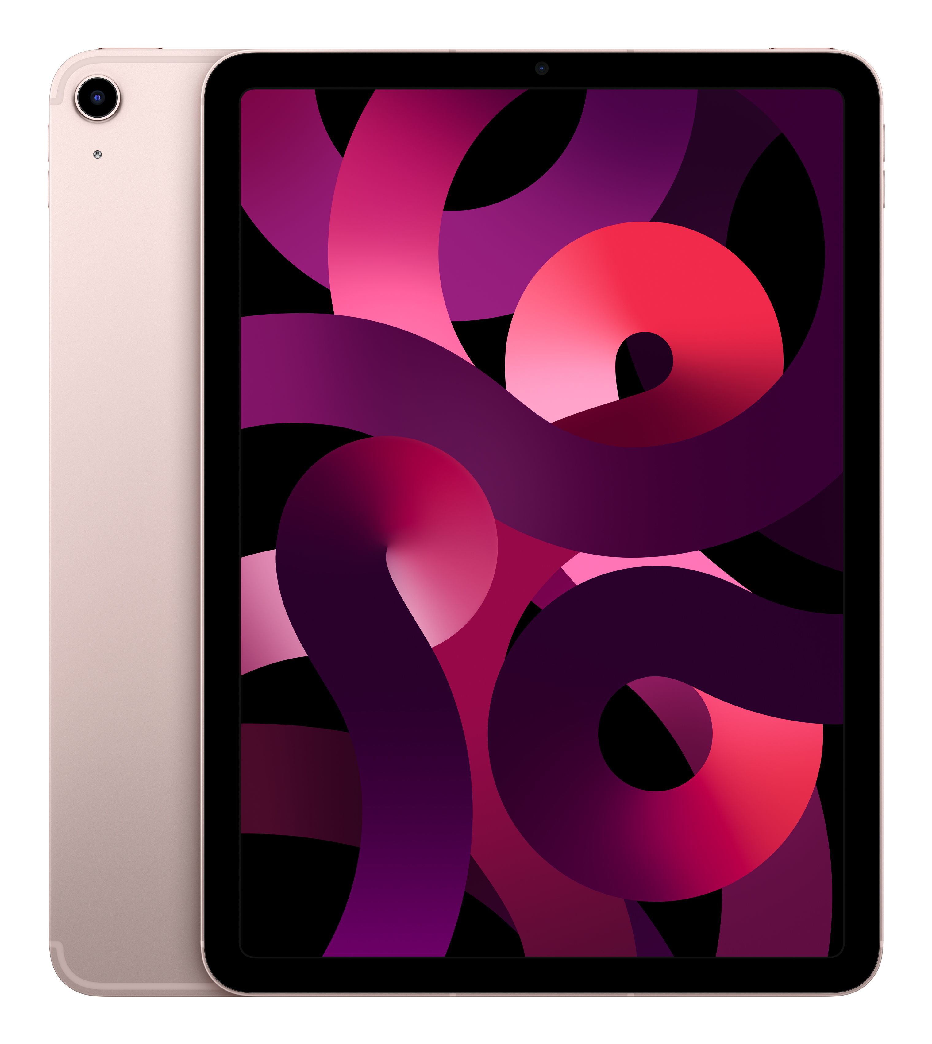 A rose gold tablet displaying an abstract colorful background on its screen.