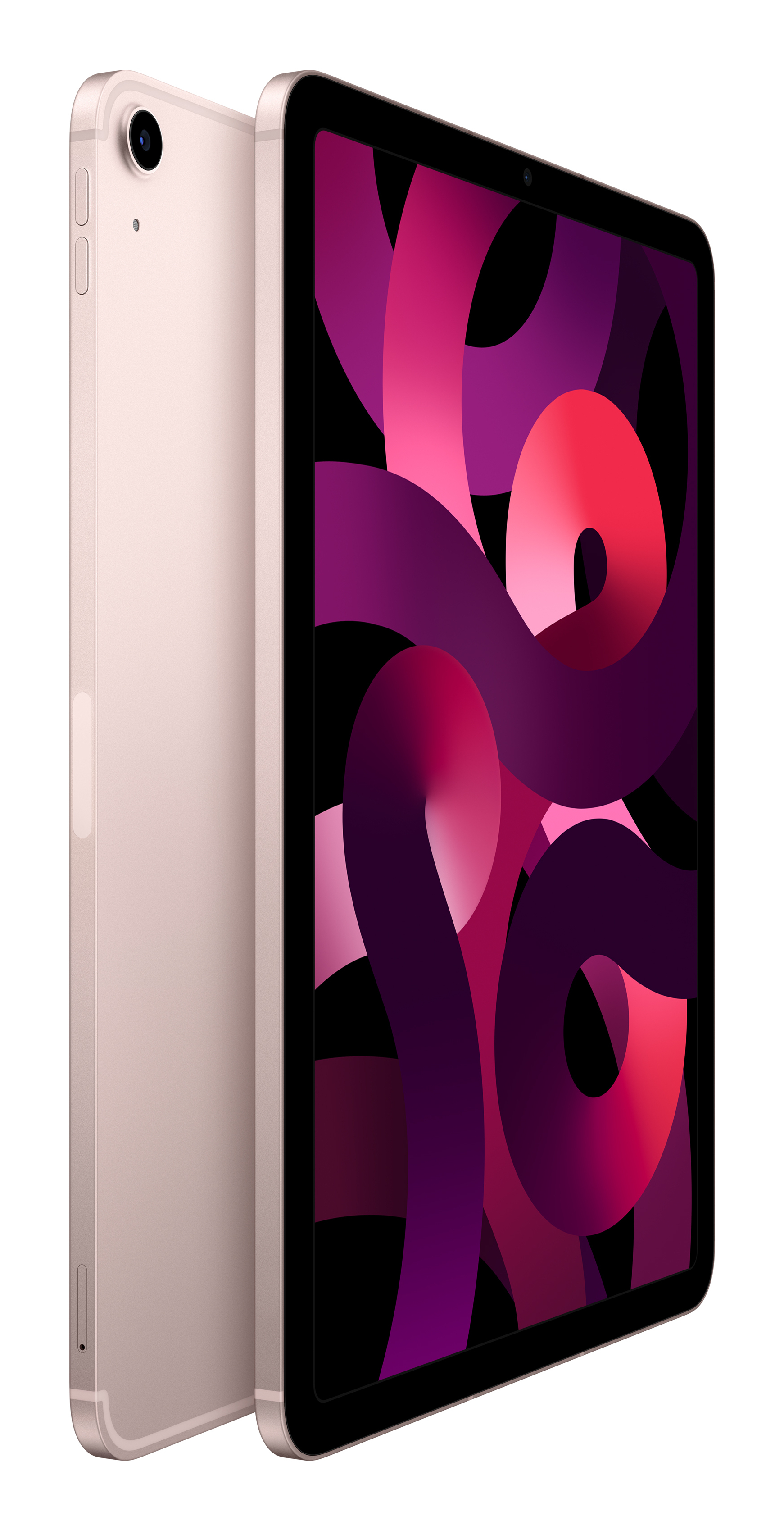 A rose gold tablet with a vibrant abstract purple and red wallpaper.