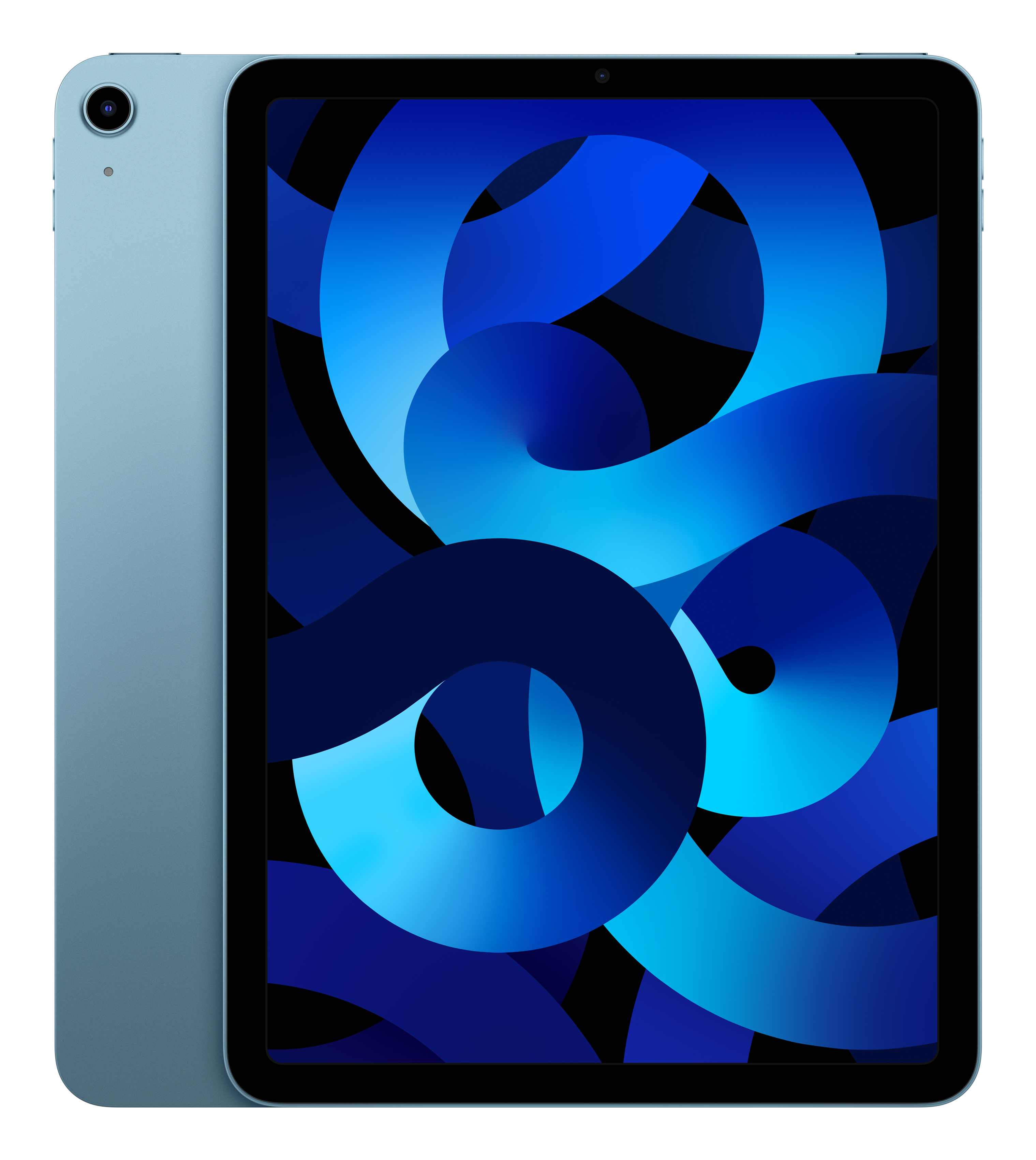Een blauwe tablet met een abstracte blauwe achtergrond op het scherm.