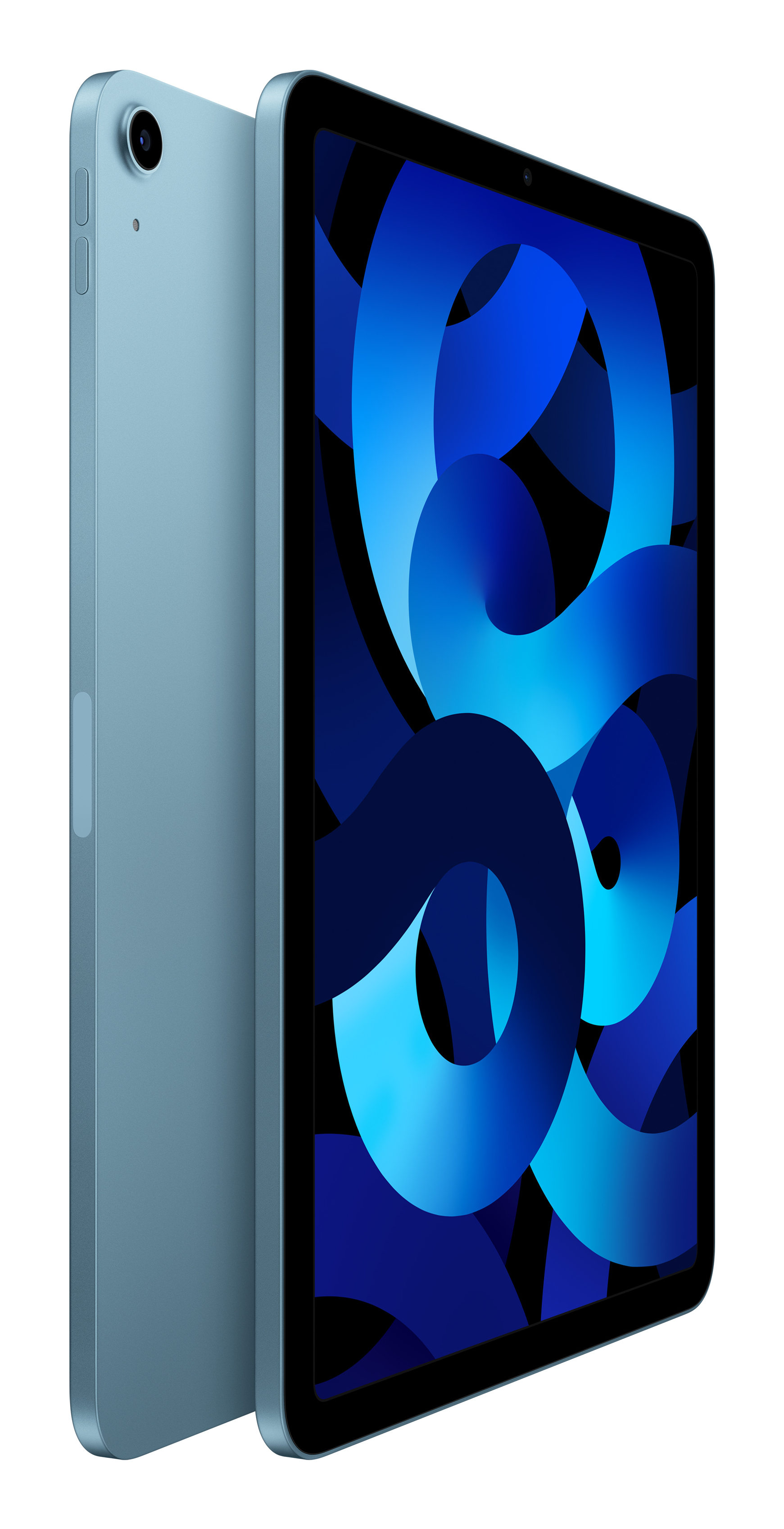 Een blauw tablet op een witte achtergrond. Het scherm toont een abstract patroon.