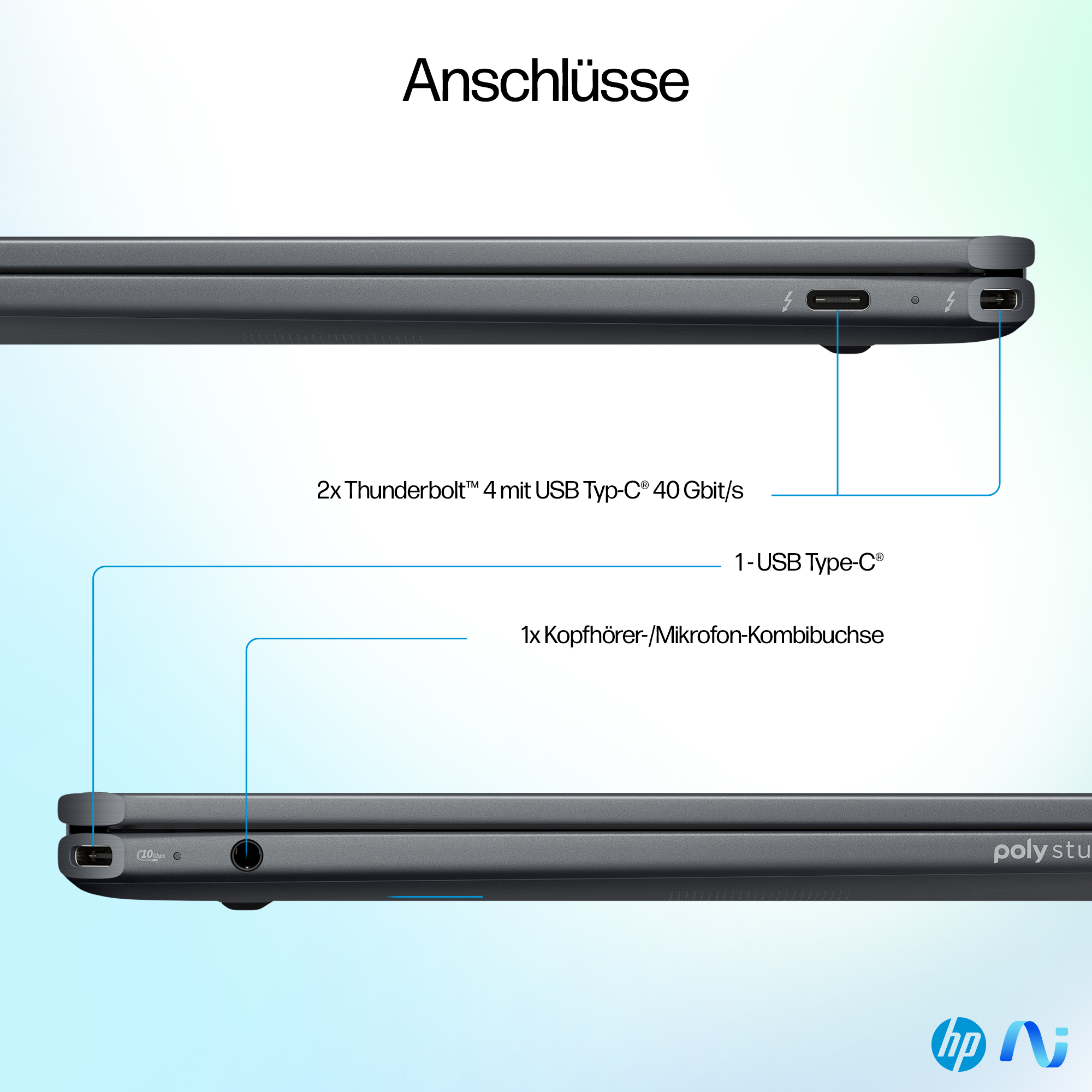 Porty laptopa: 2x Thunderbolt 4, 1x USB-C, 1x gniazdo słuchawkowe.