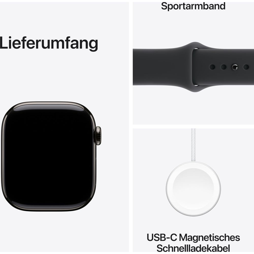 Zawartość opakowania: Smartwatch, opaska sportowa i kabel ładujący.