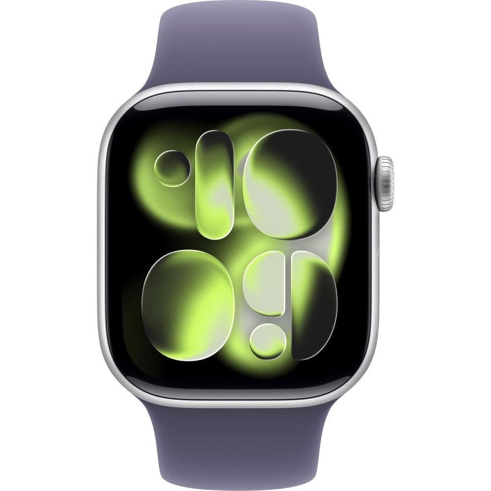 Une montre connectée avec bracelet violet et boîtier argenté affiche un cadran abstrait vert vif.