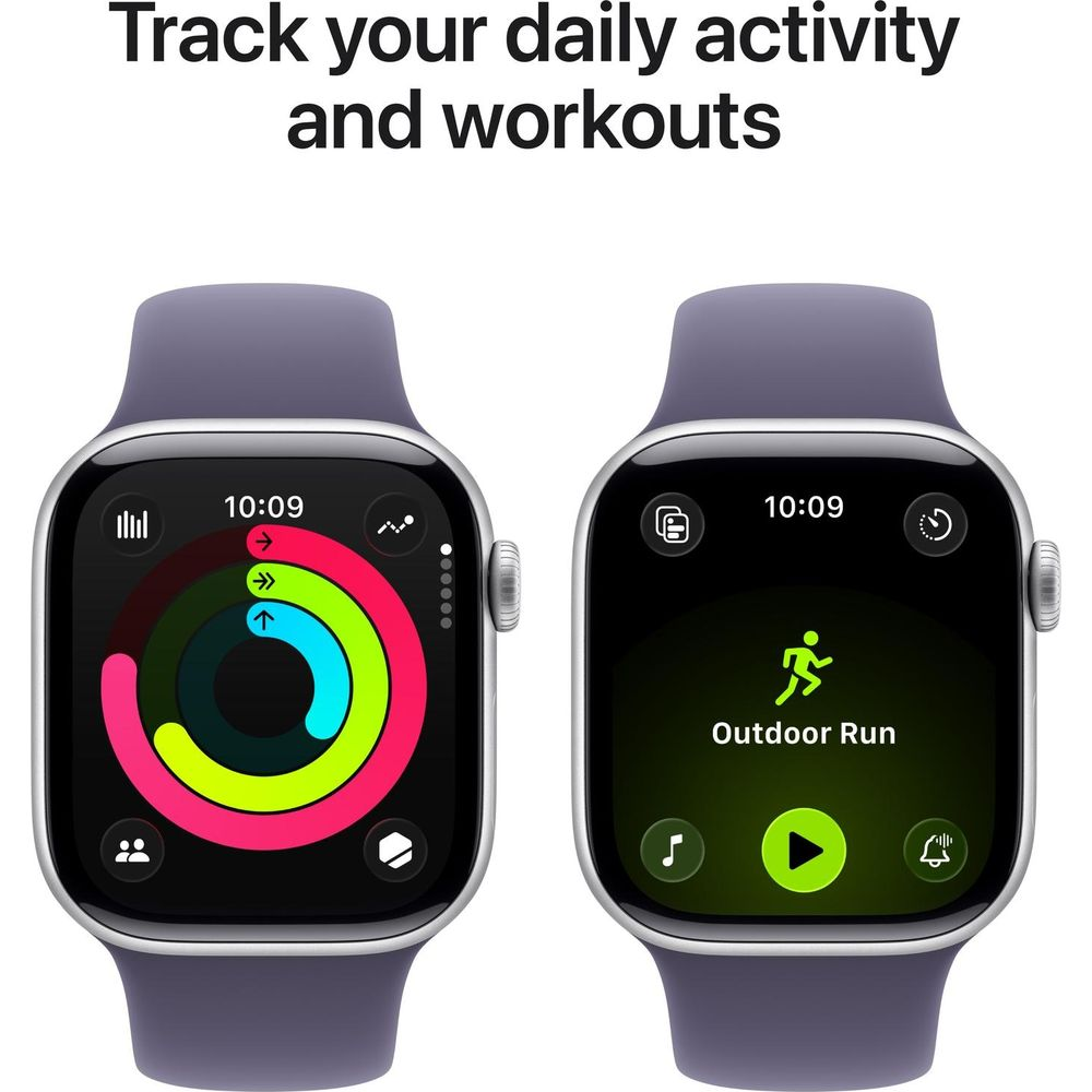 Deux Apple Watches affichent des données d'activité. Gauche : graphique circulaire, droite : app de course.