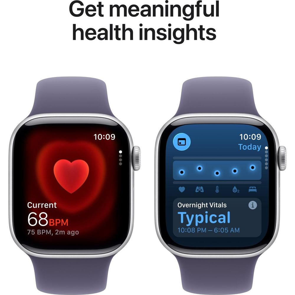 Deux montres connectées affichent des données de santé. Gauche: 68 BPM. Droite: signes vitaux.