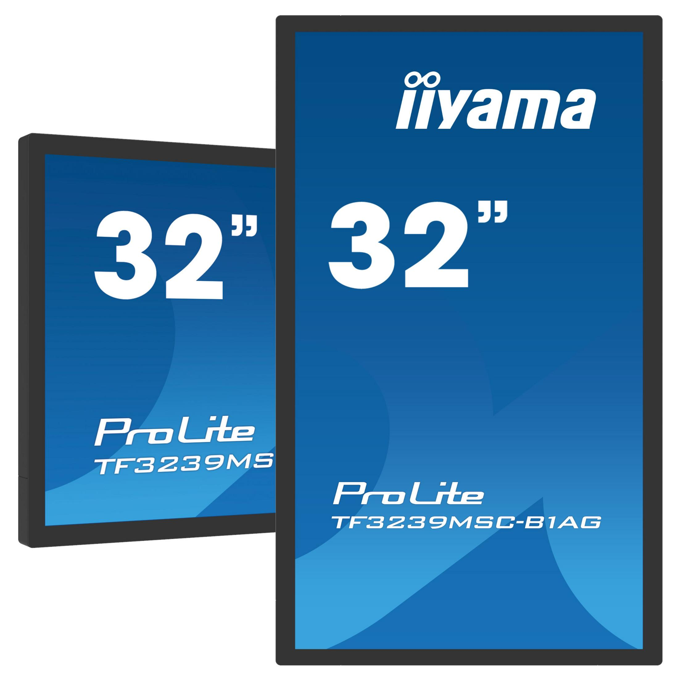 Zwei Iiyama 32-Zoll-Monitore mit ProLite-Branding auf blauem Hintergrund.