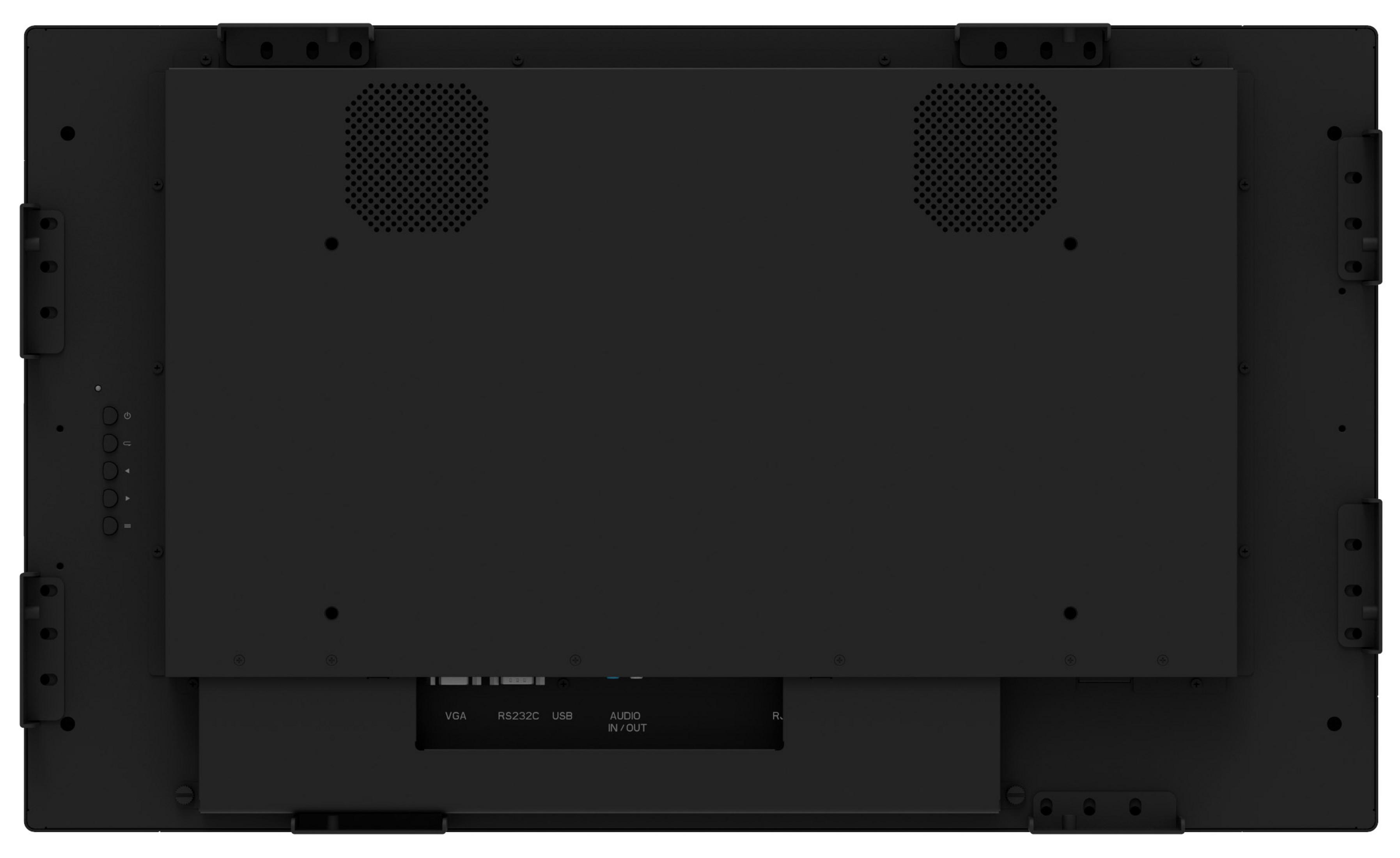 Rückseite eines schwarzen Monitors mit Anschlüssen wie VGA, USB und Audio.
