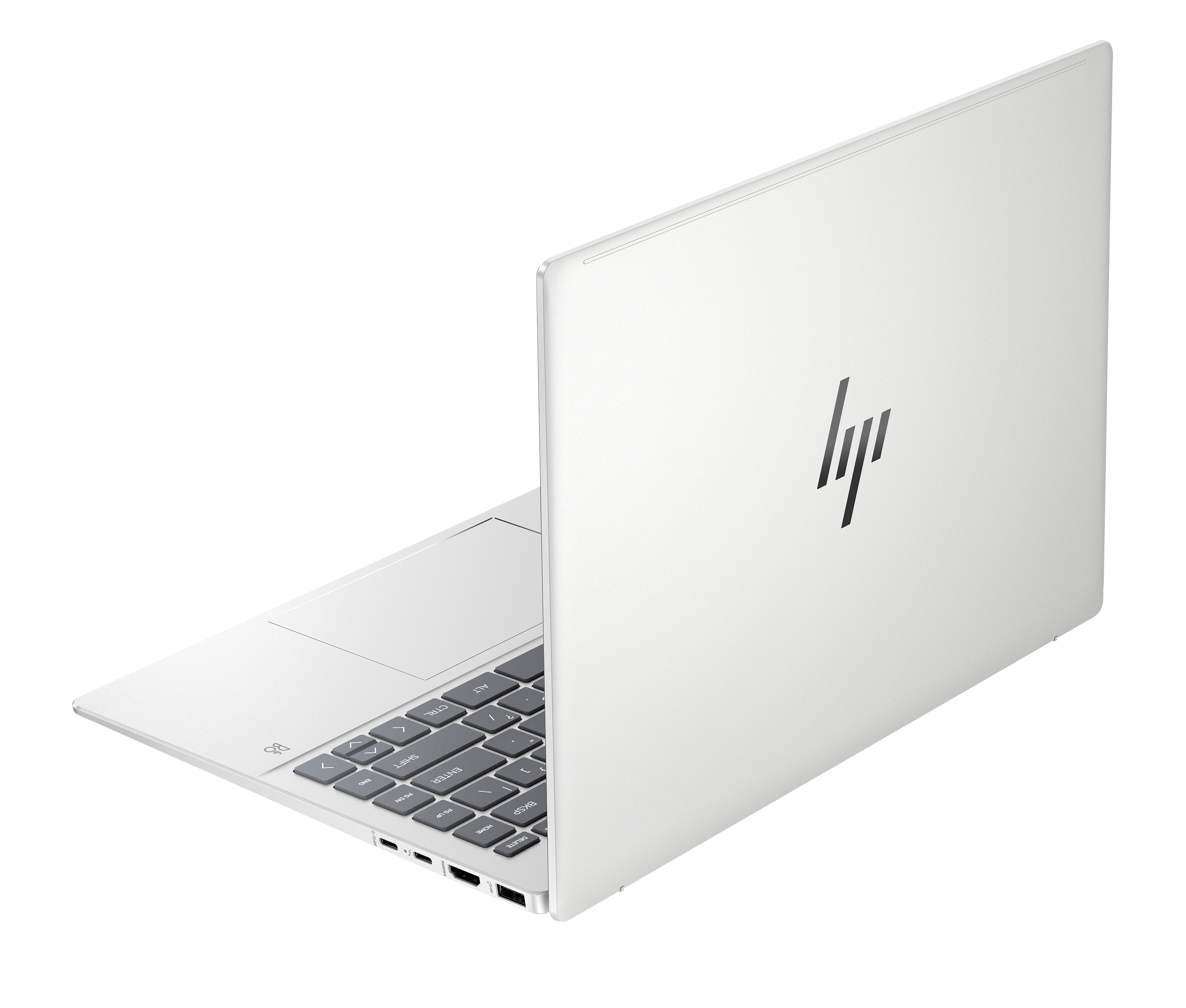 Biały laptop z czarnym logo HP jest otwarty i pokazany pod lekkim kątem.
