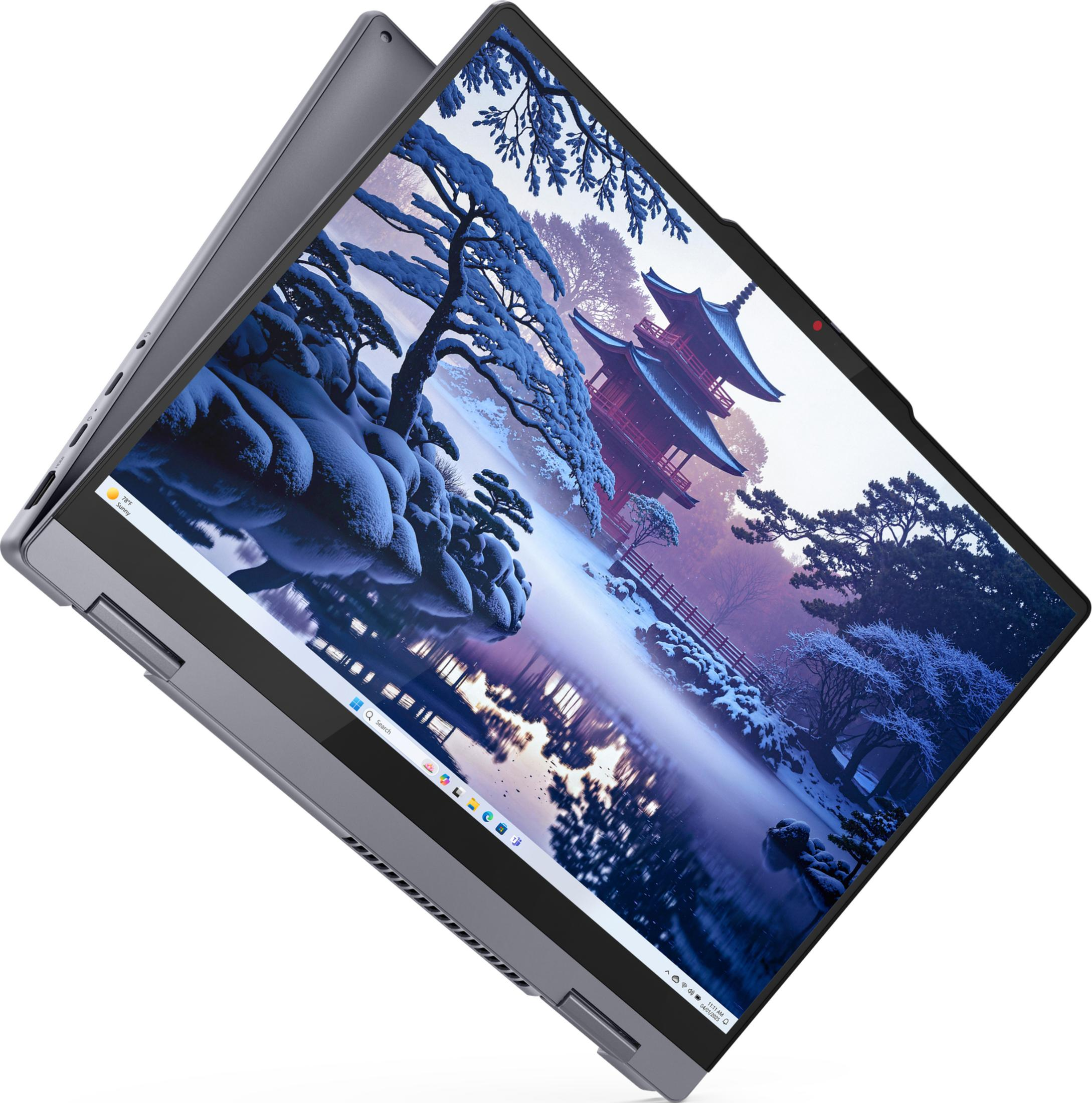 Ein graues Laptop zeigt einen Desktop mit einer winterlichen japanischen Gartenlandschaft.