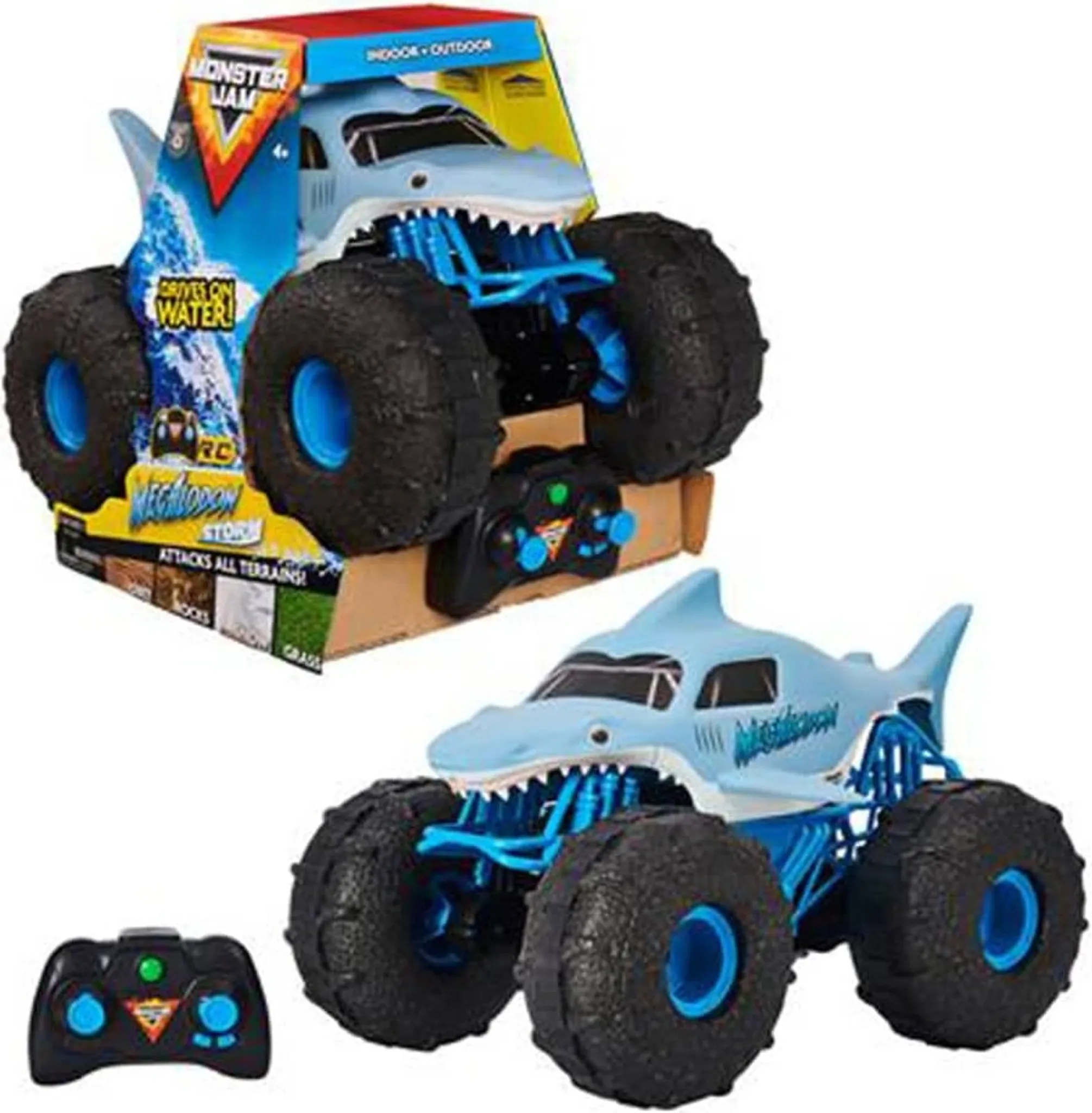 Ein blaues RC-Monster-Truck-Spielzeug in Hai-Form mit großen Reifen und Fernbedienung.