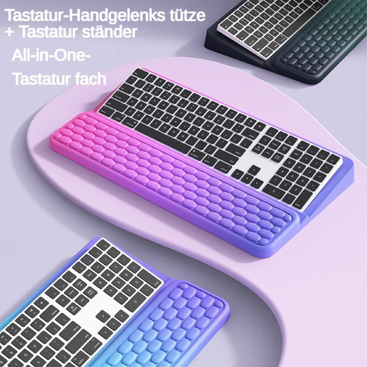 Tastaturen mit Farbverlauf-Handgelenkauflagen in Lila/Pink und Blau/Violett.