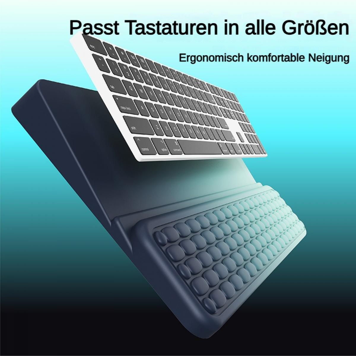 Eine weiße Tastatur über einer dunklen Handballenauflage.