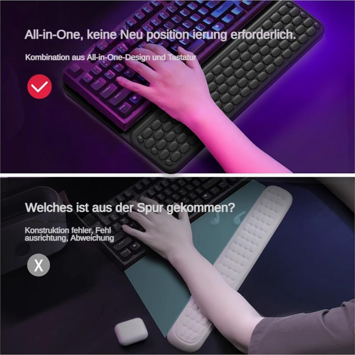Eine Hand auf einer Tastatur mit RGB-Beleuchtung, darunter ein Handgelenkauflager.