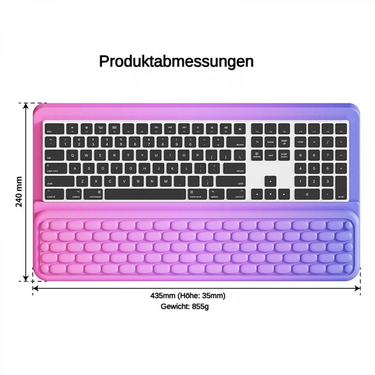 Eine Tastatur mit Farbverlauf von Pink zu Lila mit Handgelenkauflage.