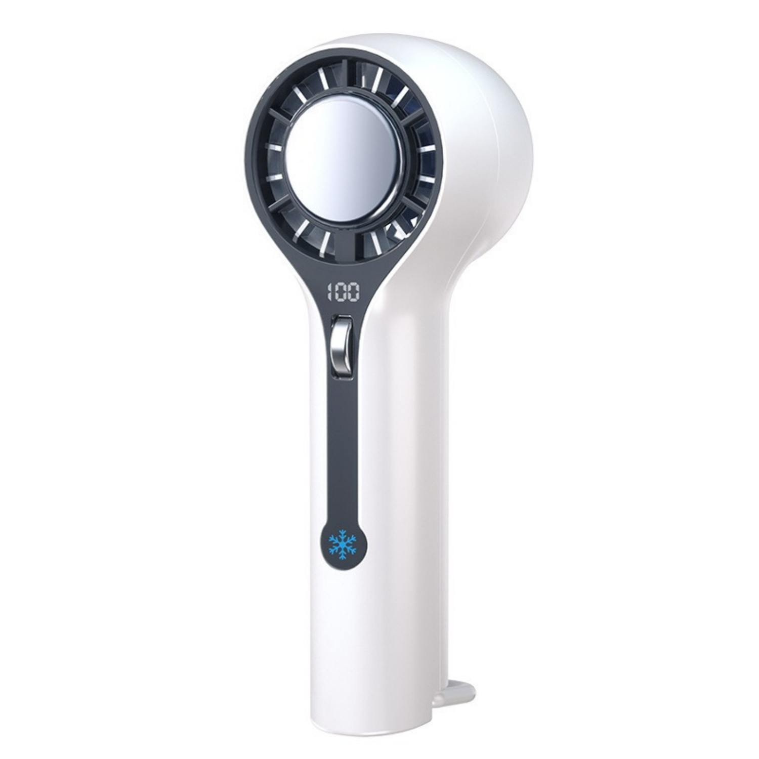 Ein weißer Handventilator mit silbernen Akzenten und einem digitalen Display.