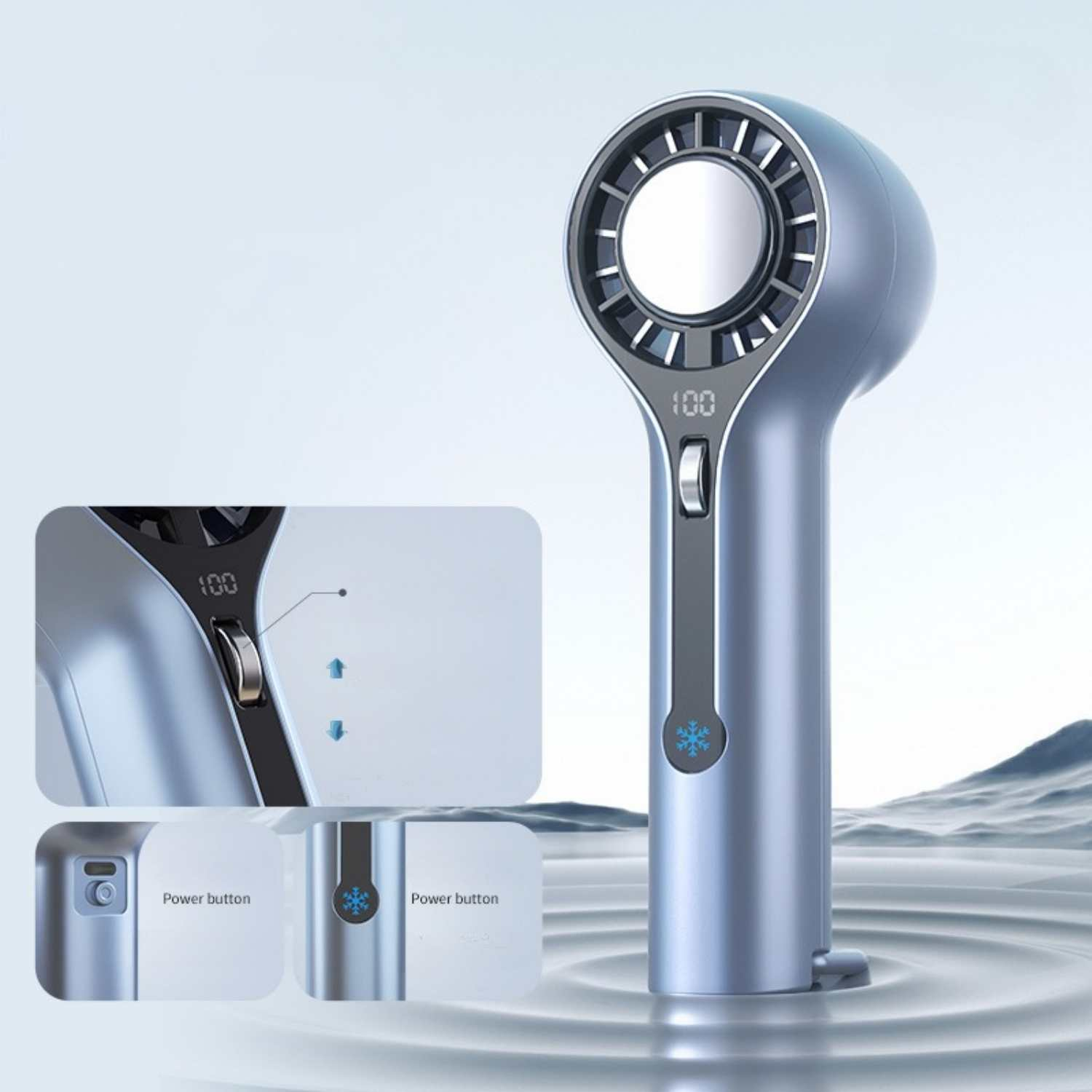 Ein blauer Lüfter mit digitaler Anzeige und Bedienelementen. Detailansichten zeigen Knöpfe und Symbole.