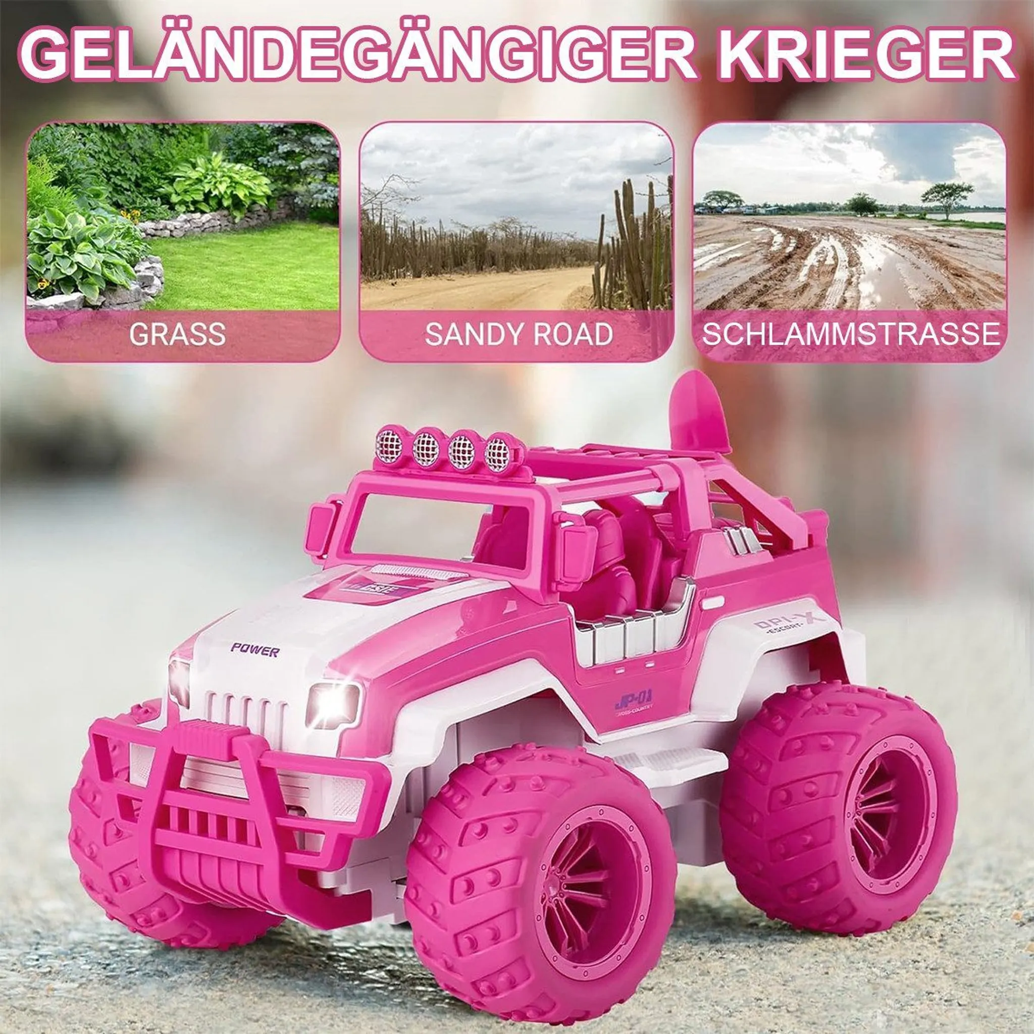 Ein pinker und weißer Geländewagen mit großen Reifen steht auf einem Steinboden.
