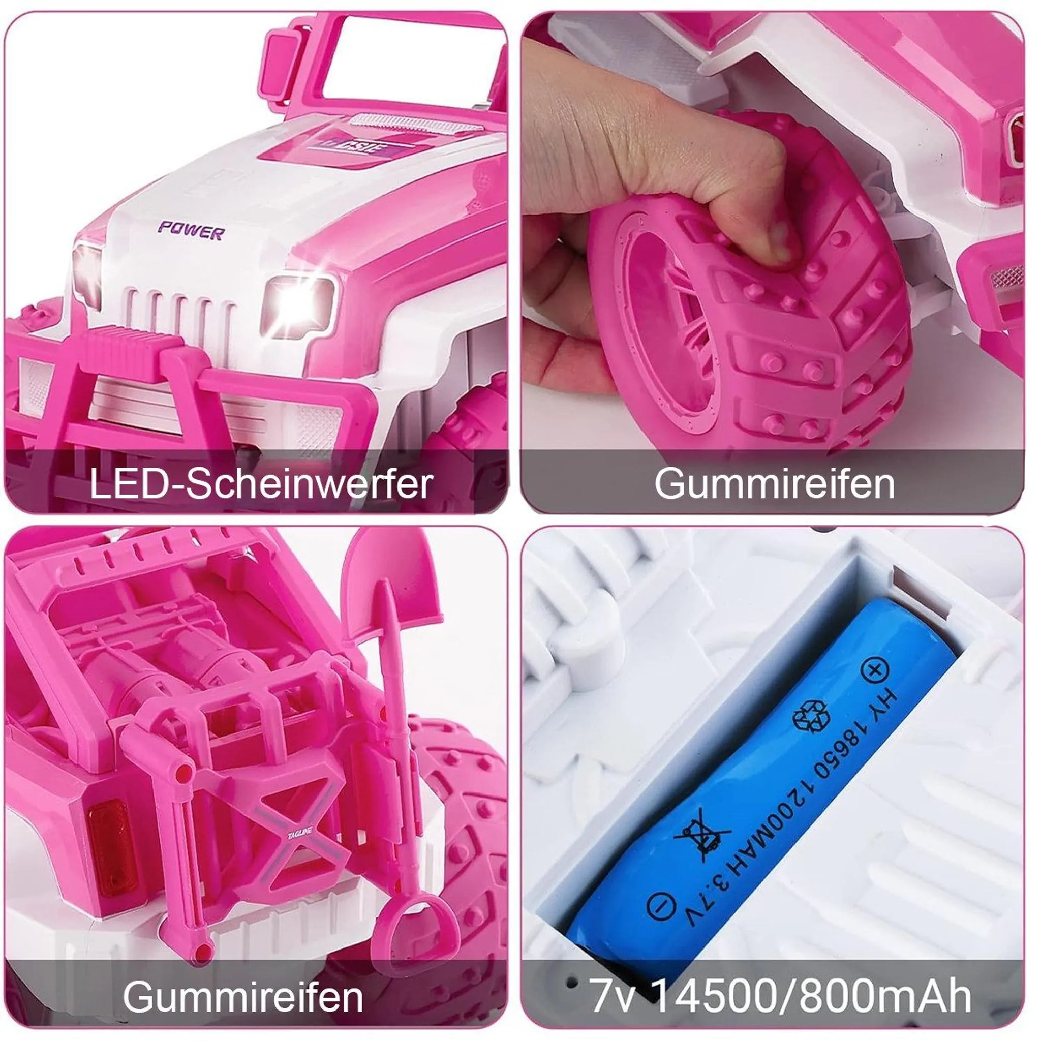 Pinkes ferngesteuertes Auto mit LED-Scheinwerfern, Gummireifen und Akku.