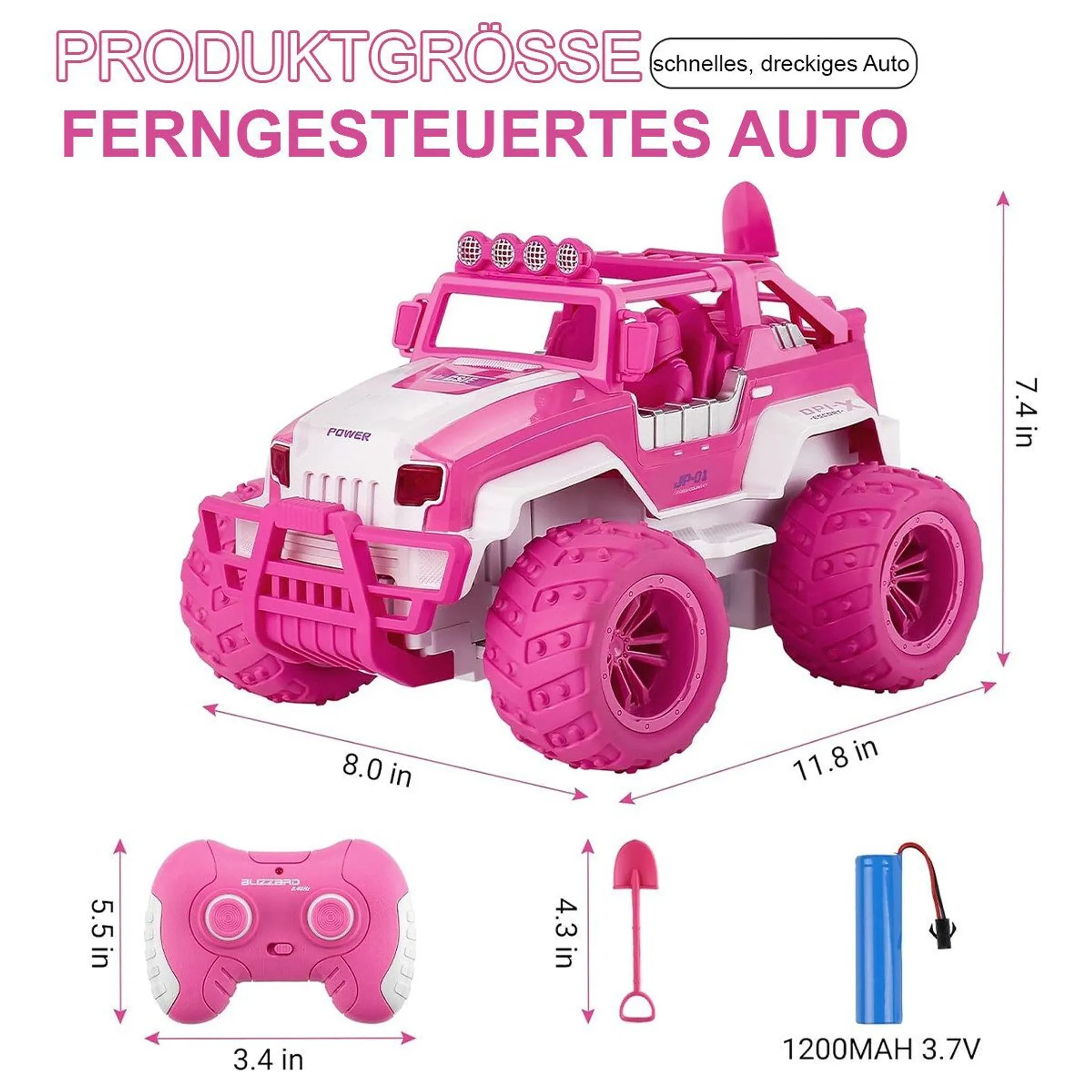 Pinkes ferngesteuertes Auto mit Zubehör: Fernbedienung, Schaufel und Akku.