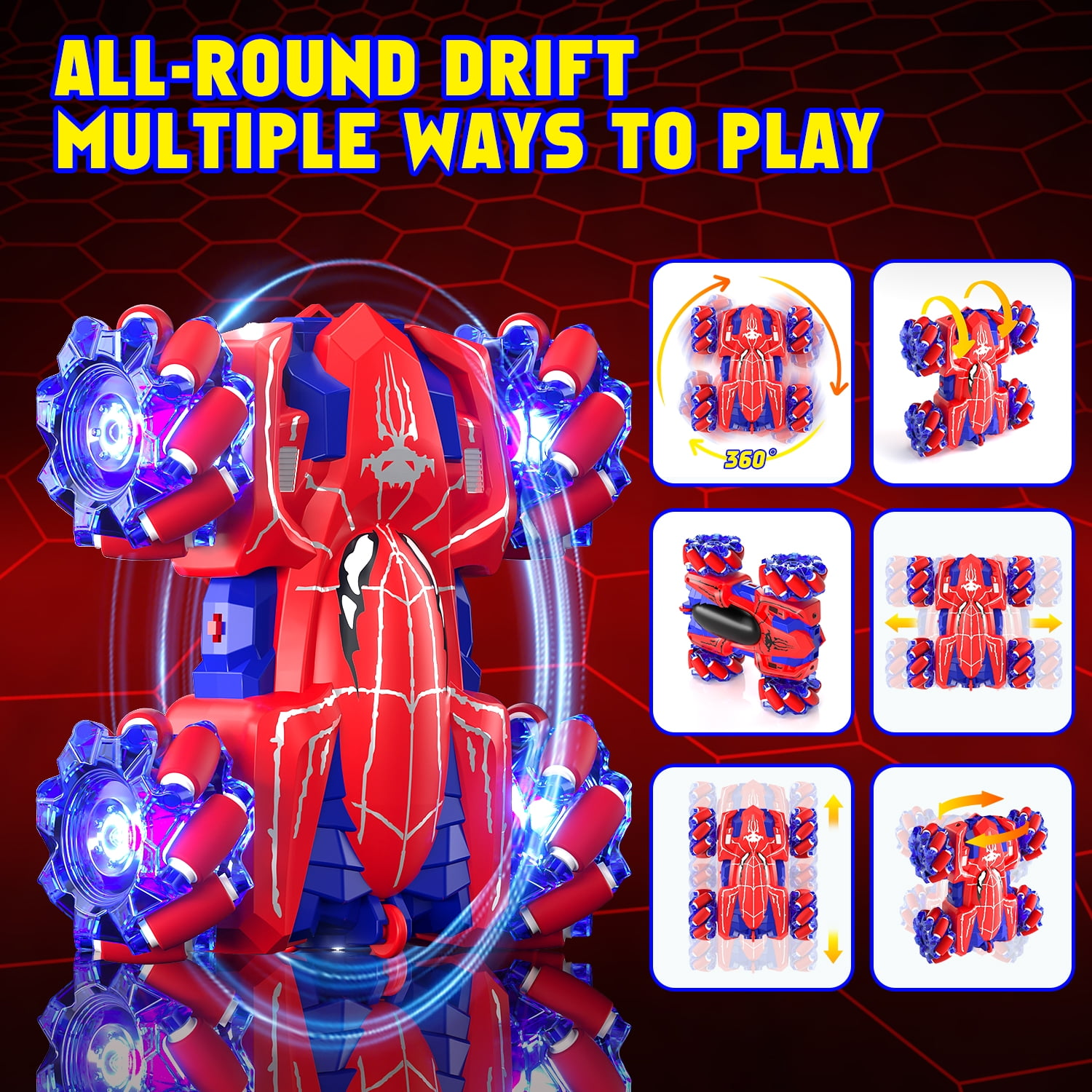 Rotes und blaues Stuntauto mit Spider-Man-Design, das sich dreht und leuchtet.