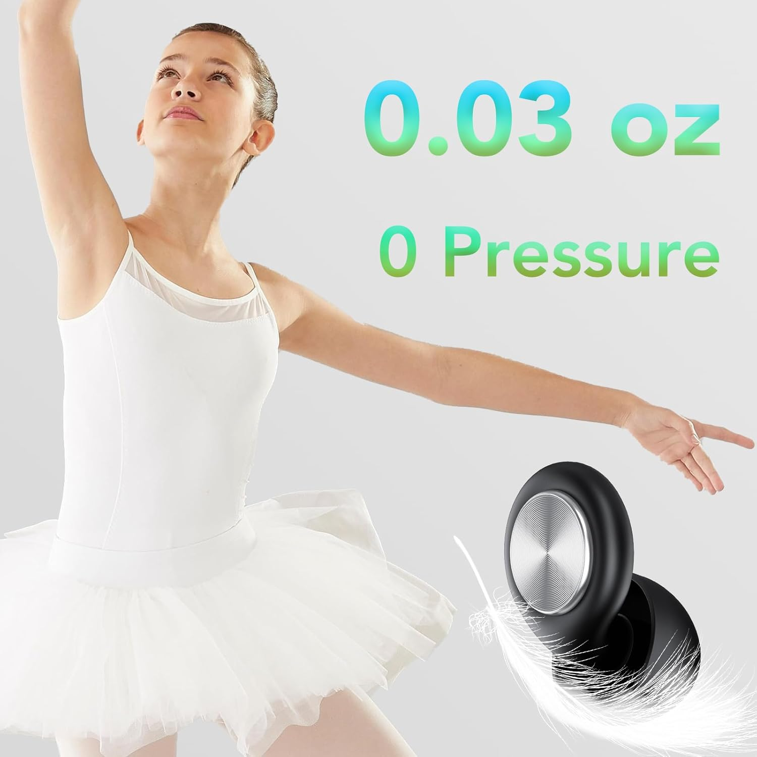 Ein junges Ballettmädchen in einem Tutu mit einem kabellosen Ohrhörer daneben.