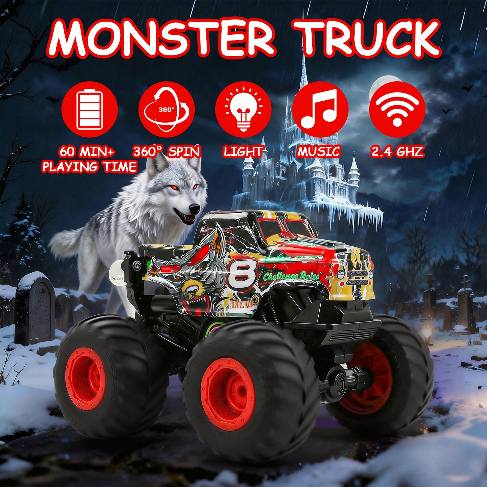 Monster-Truck mit Wolfsgrafik, Eisburg im Hintergrund, 60 Min Spielzeit.