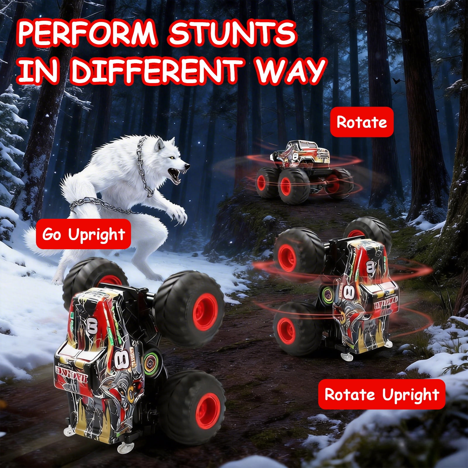 Ein weißer Wolf mit Ketten und RC-Autos in einem verschneiten Wald.