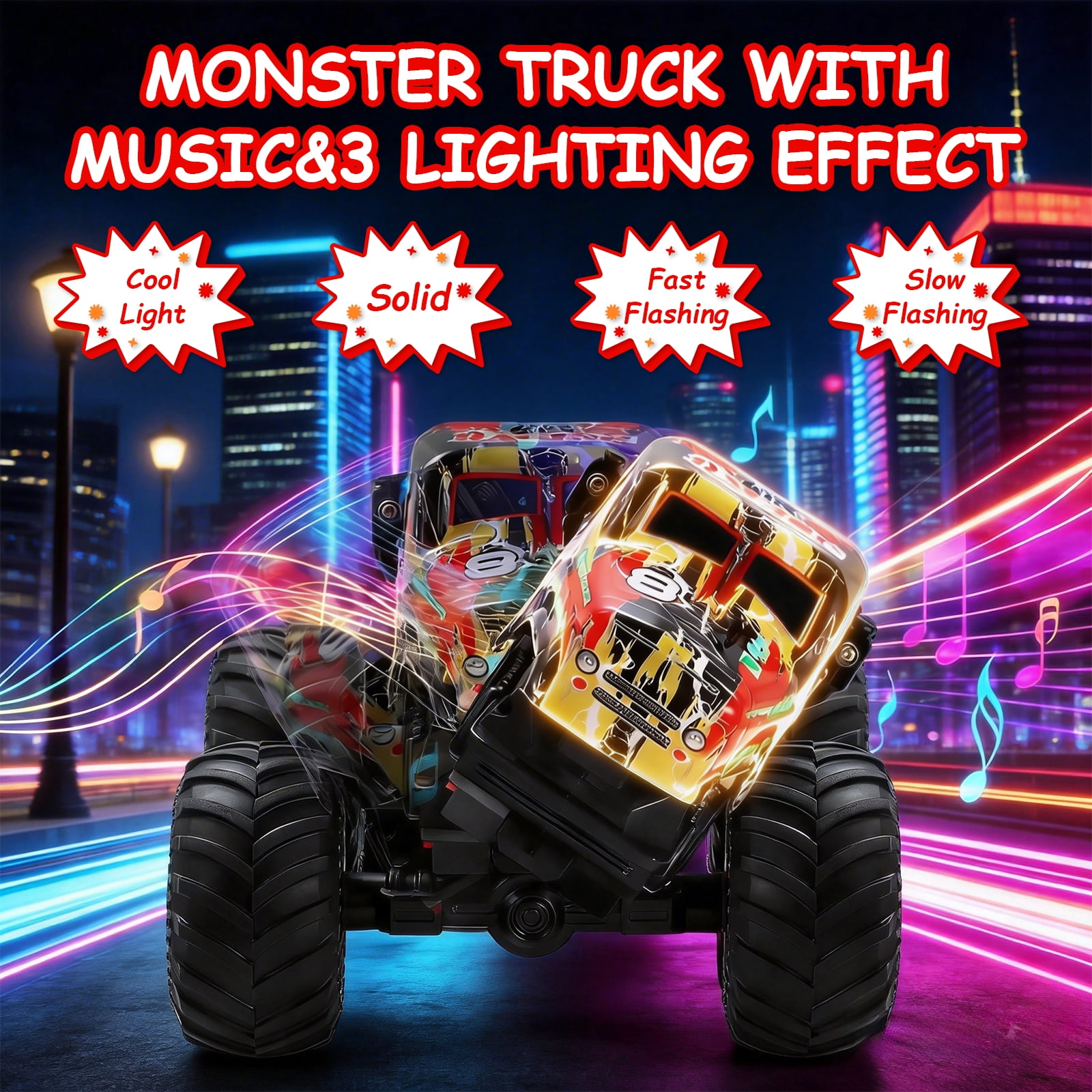 Ein bunter Monster-Truck mit Lichtern und Musiknoten, der nachts auf einer Straße fährt.