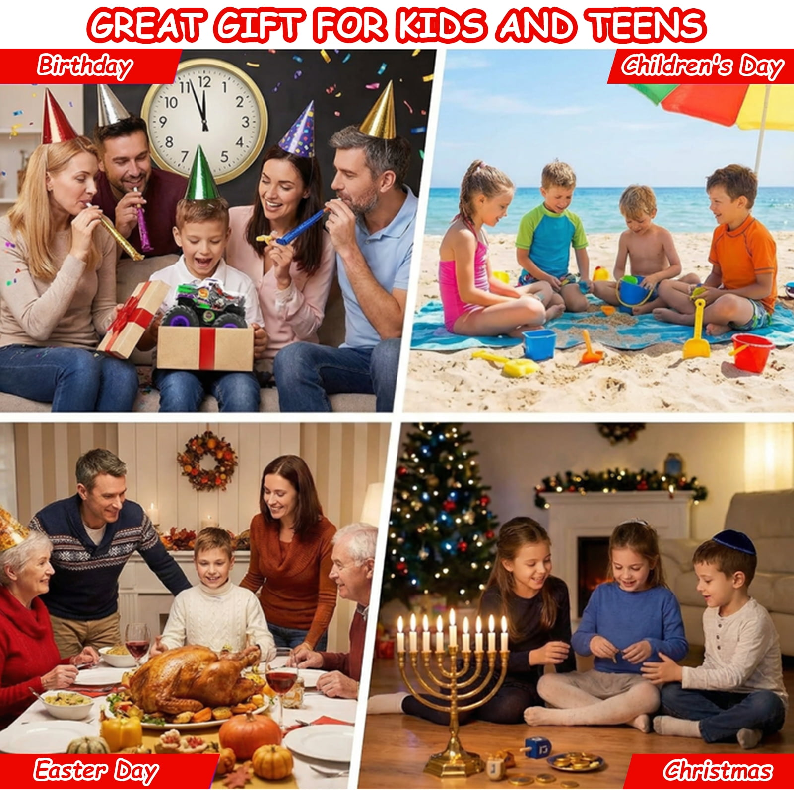 Vier Szenen: Geburtstag, Strand, Ostern und Weihnachten mit Familien.
